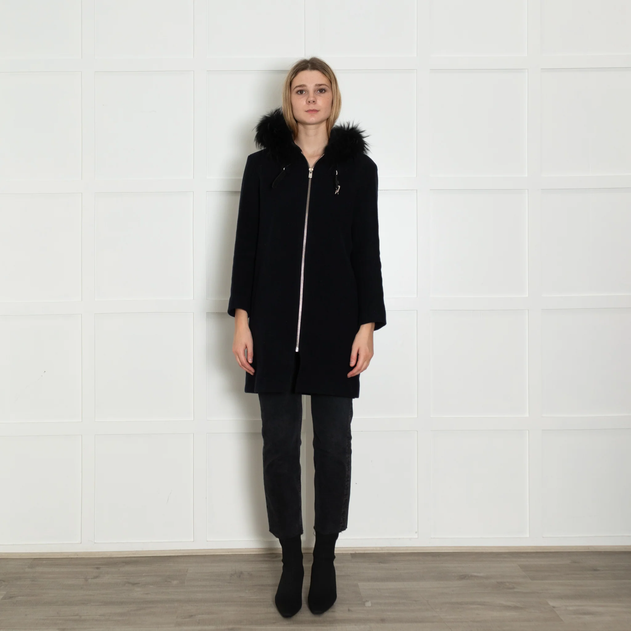 Maje Navy Coat with Fur Trim Hood