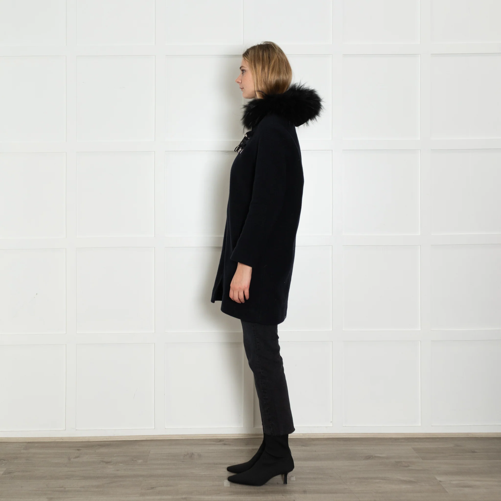 Maje Navy Coat with Fur Trim Hood - Image 4