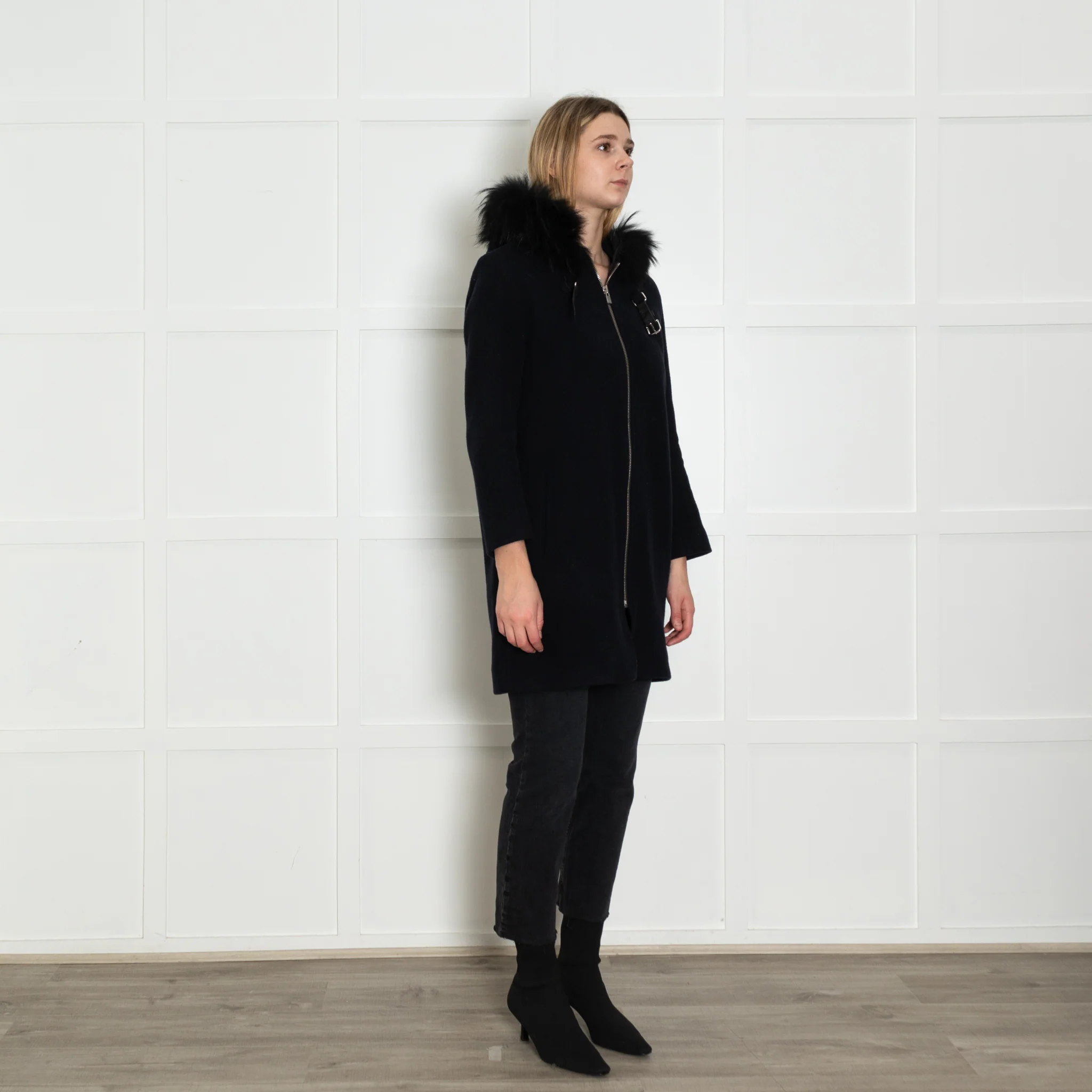 Maje Navy Coat with Fur Trim Hood - Image 7