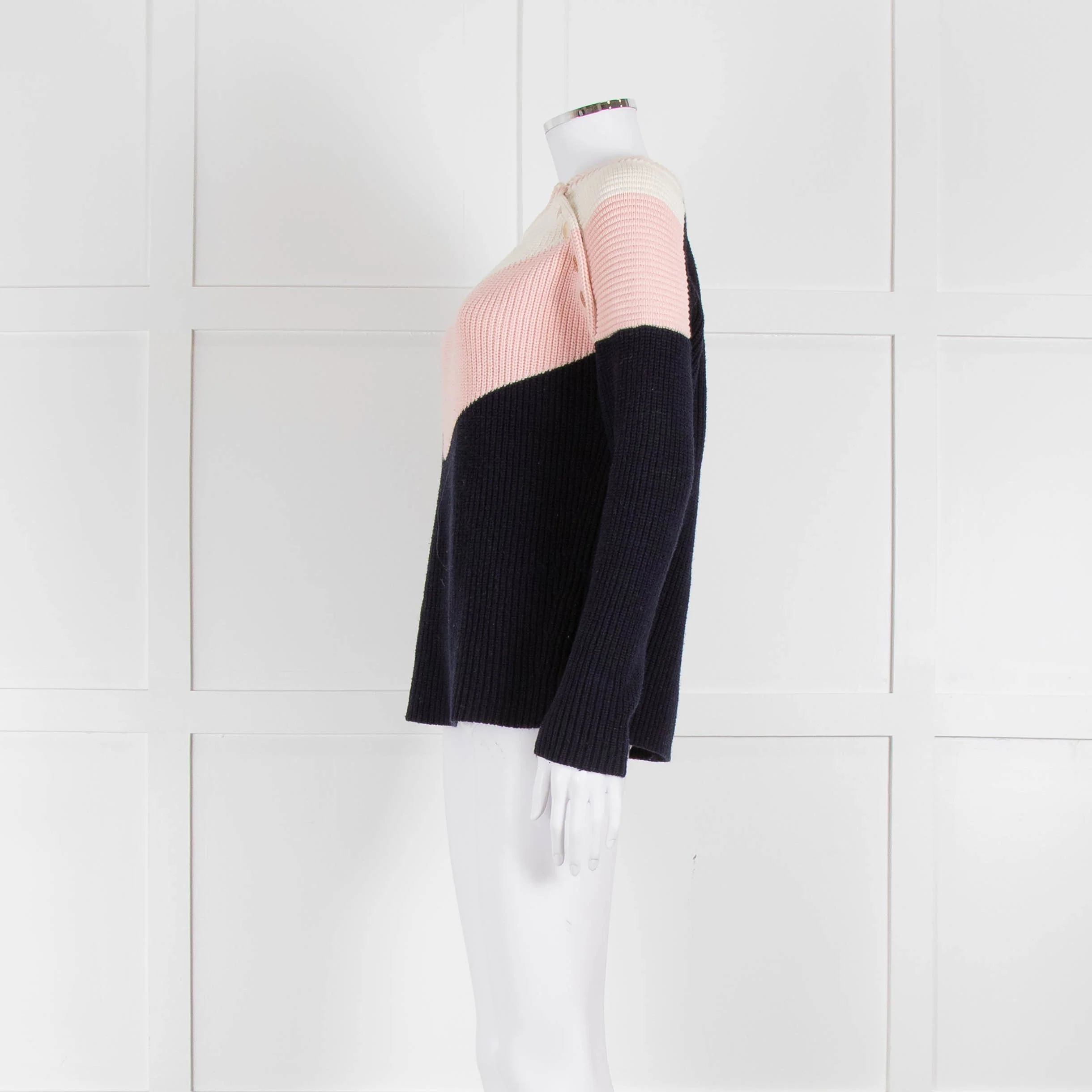Maje Navy Pink Cream Rib Knit Gold Button Jumper - Image 7