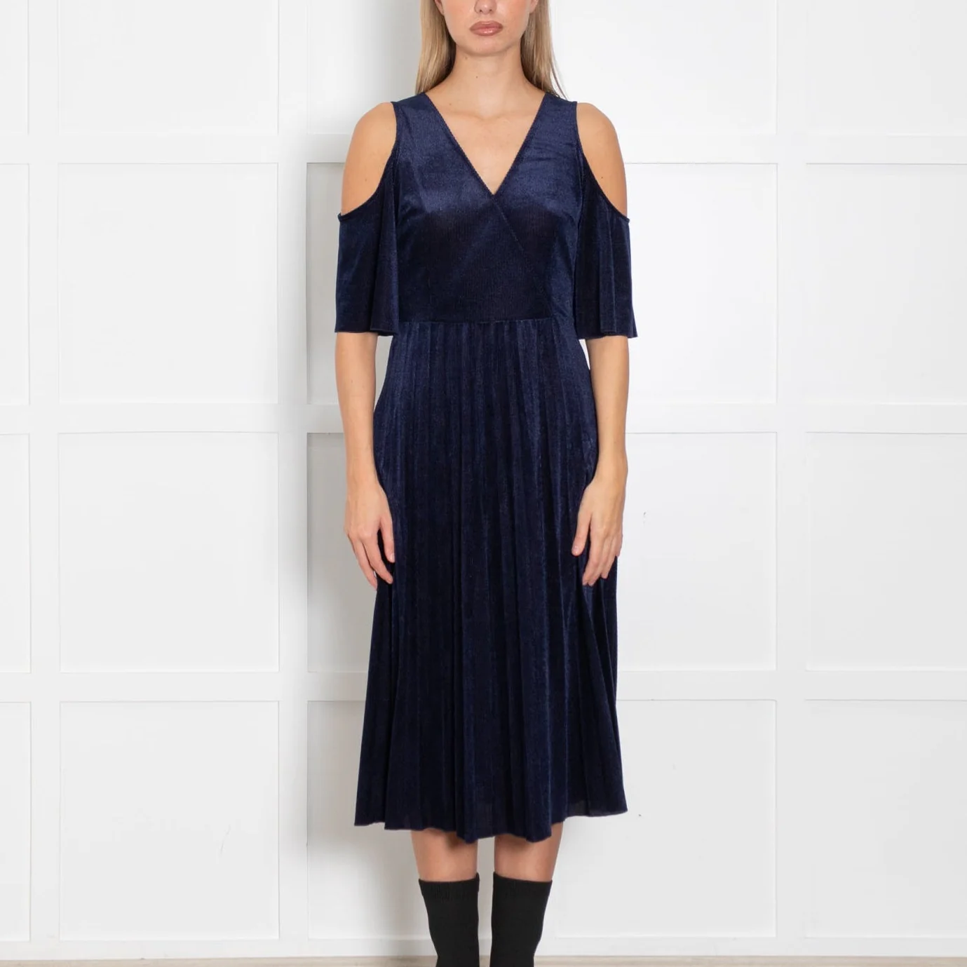 Maje Navy Shimmery Needle Cord Cut Out Shoulder Dress - Image 2