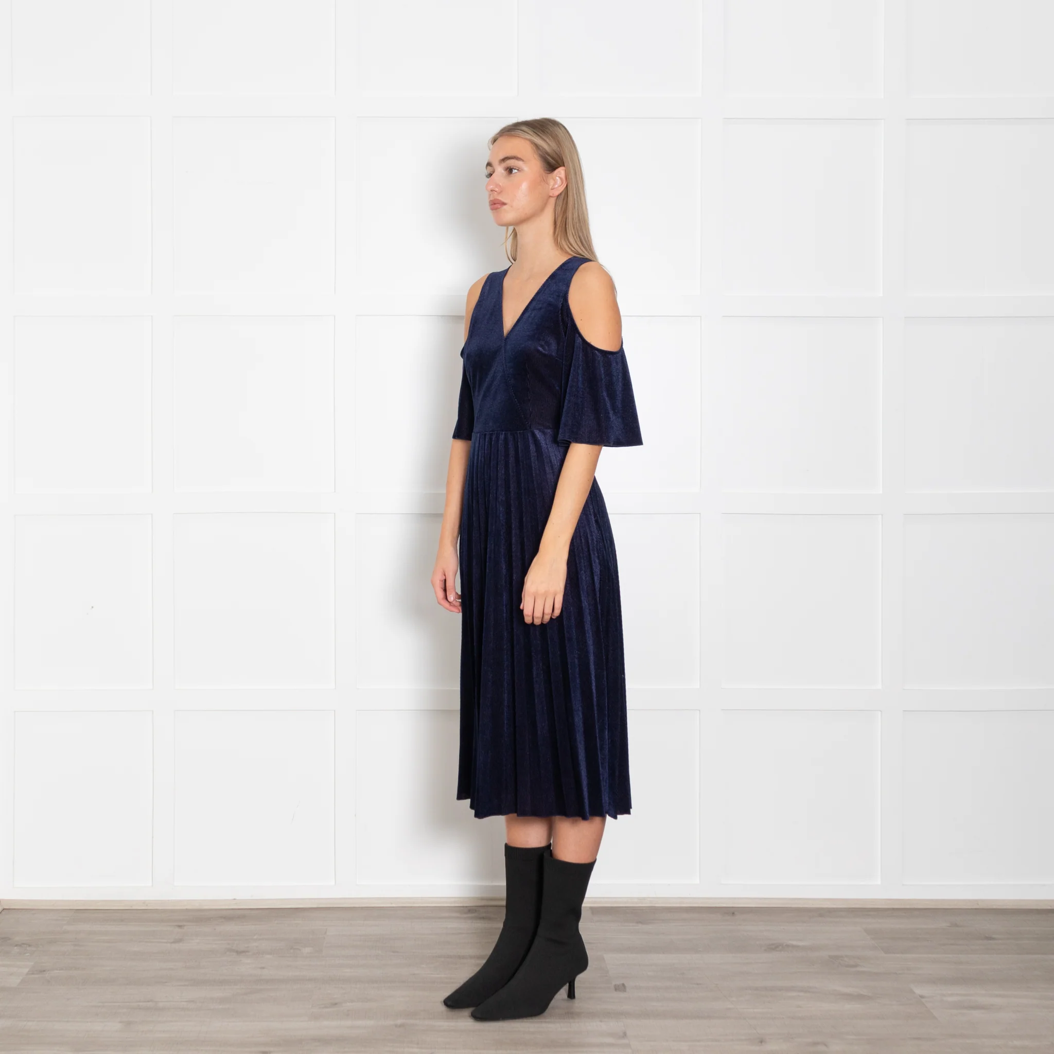 Maje Navy Shimmery Needle Cord Cut Out Shoulder Dress - Image 3