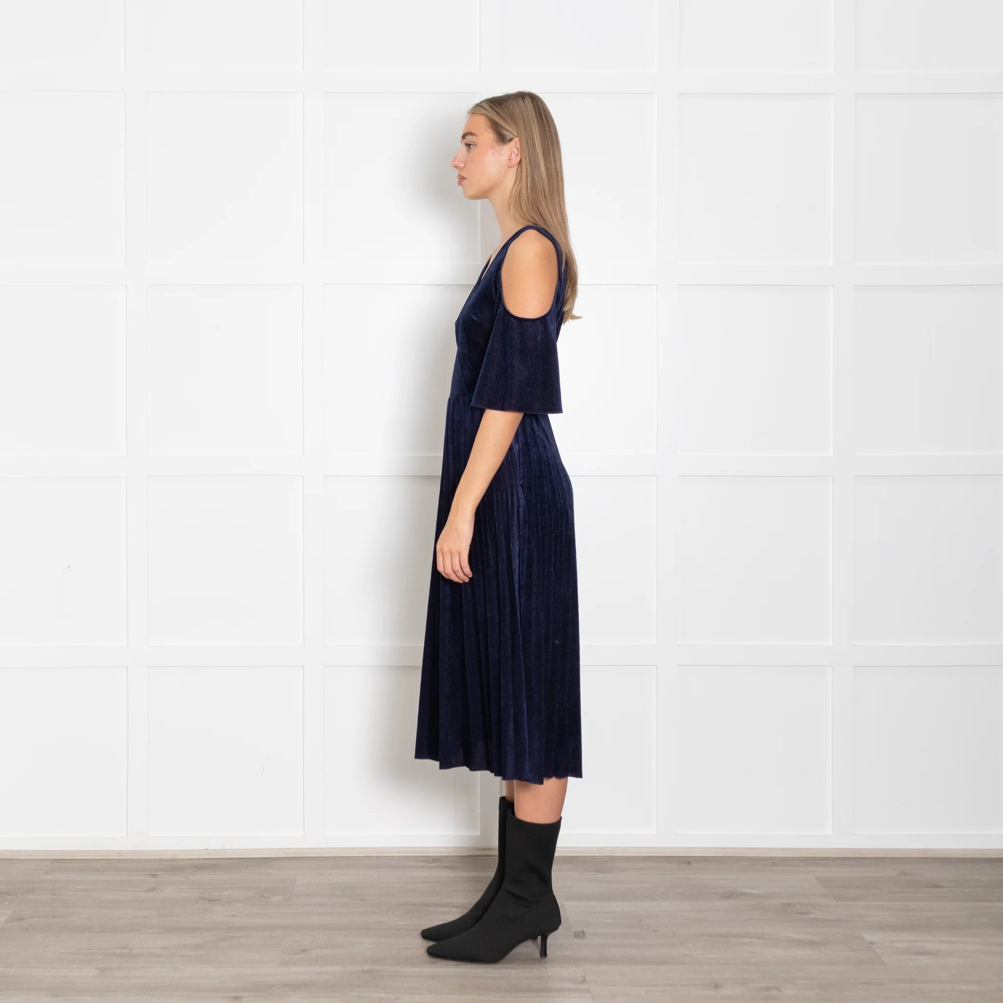 Maje Navy Shimmery Needle Cord Cut Out Shoulder Dress - Image 4