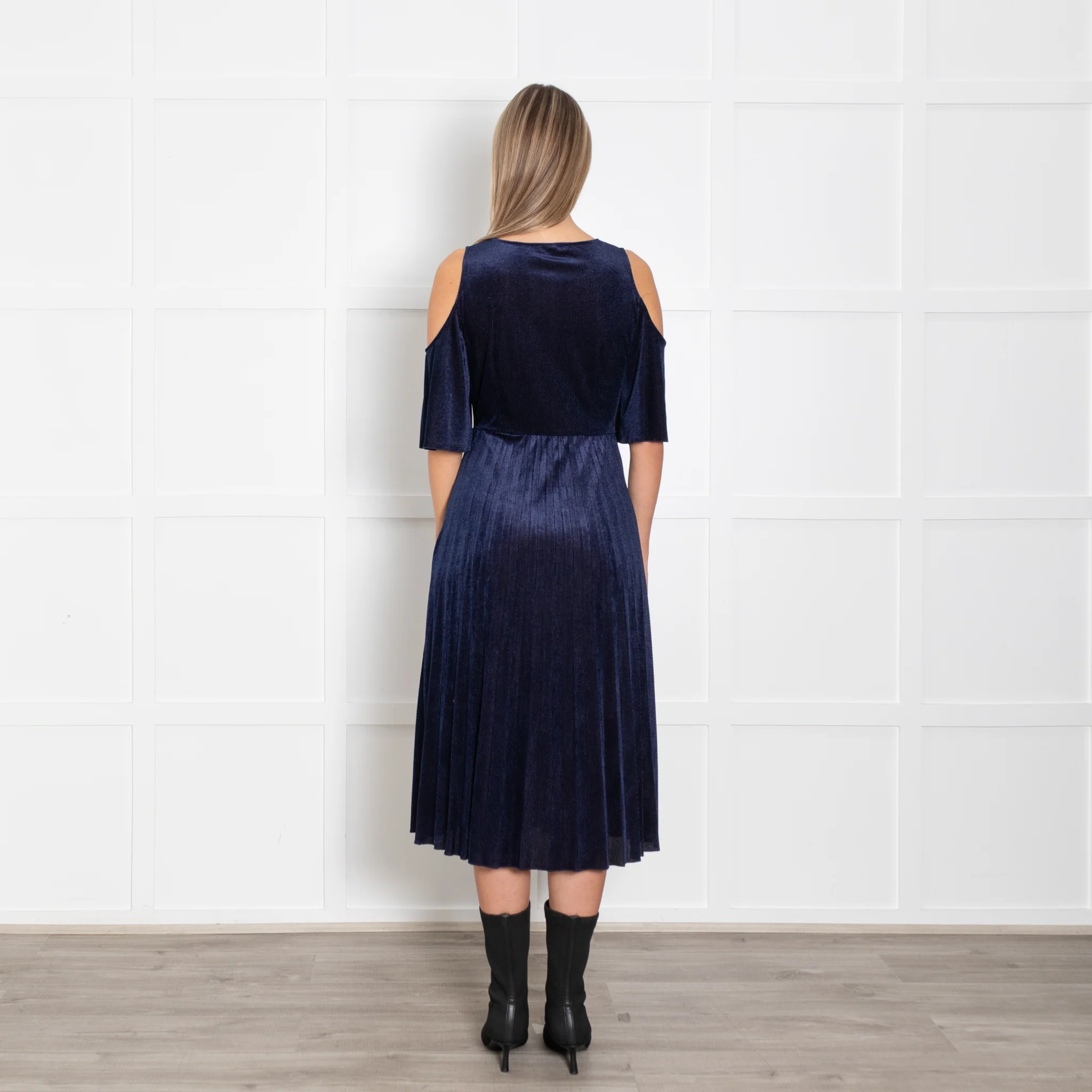 Maje Navy Shimmery Needle Cord Cut Out Shoulder Dress - Image 5