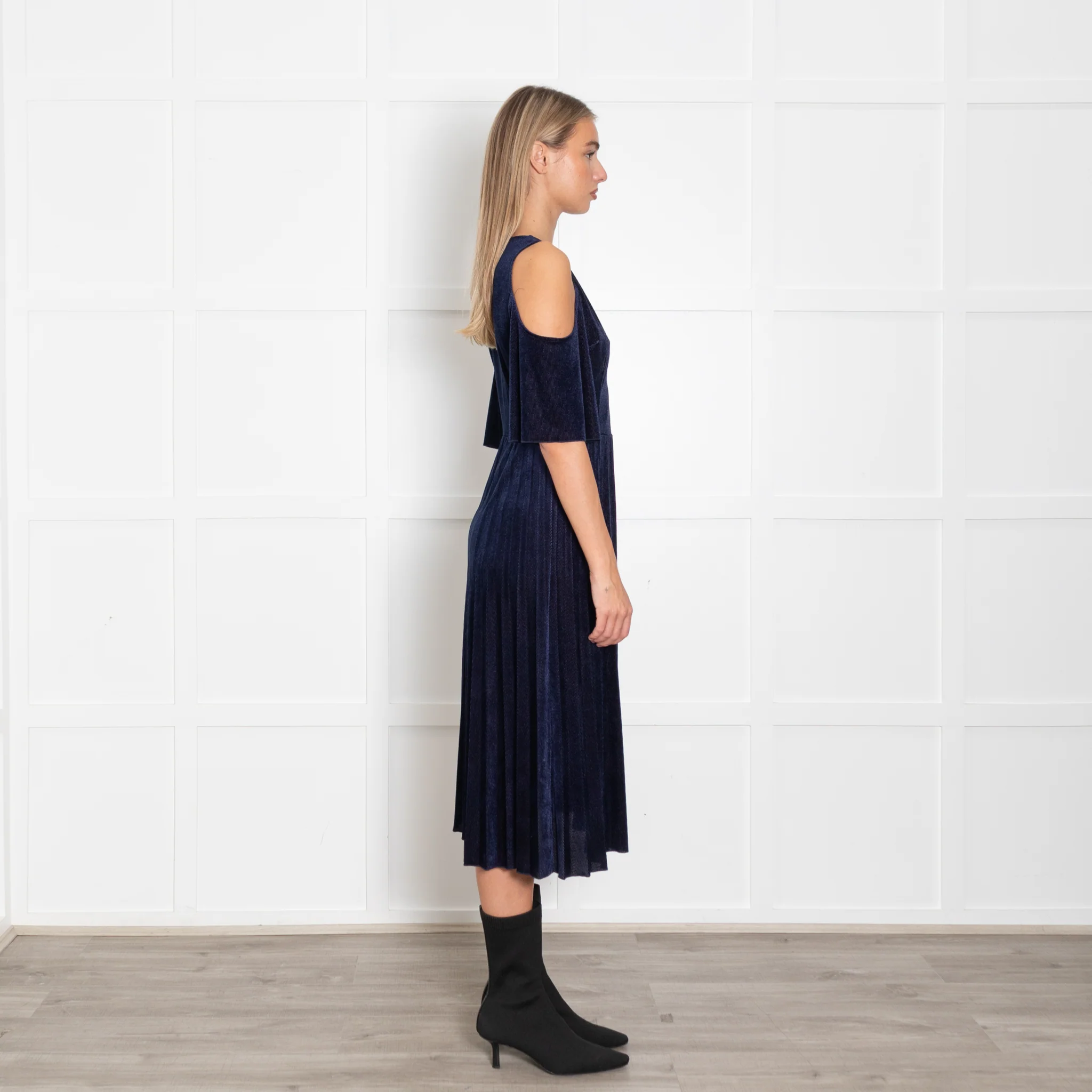 Maje Navy Shimmery Needle Cord Cut Out Shoulder Dress - Image 6