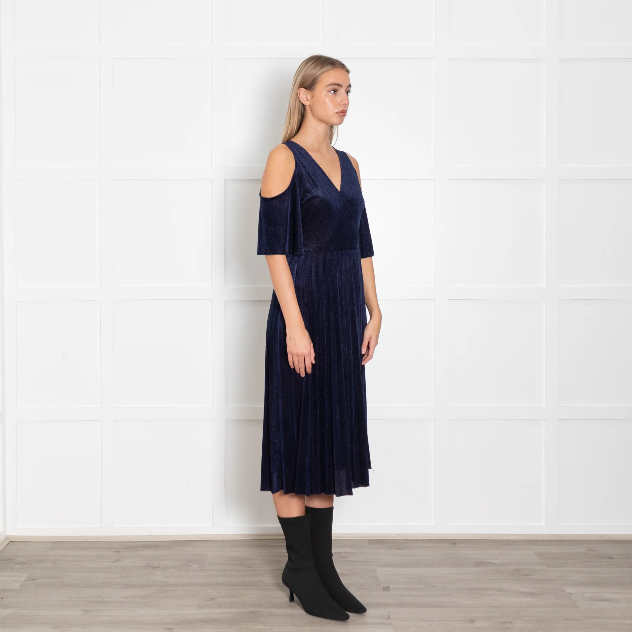 Maje Navy Shimmery Needle Cord Cut Out Shoulder Dress - Image 7