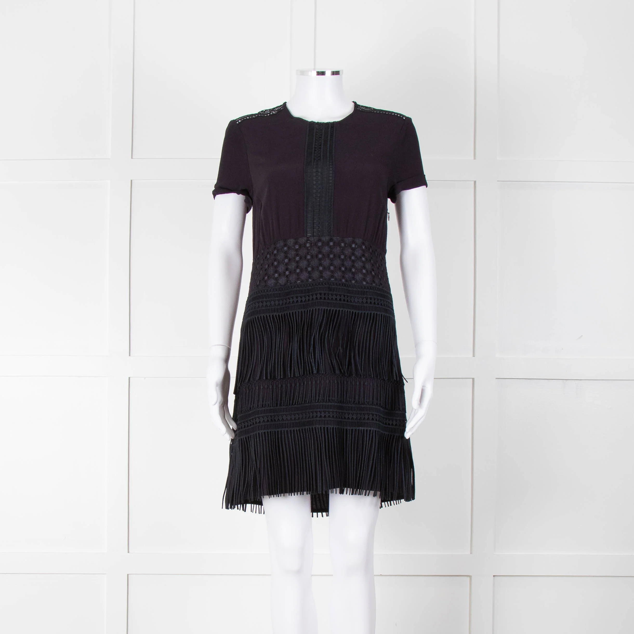 Maje Navy Short Sleeve Fringed Mini Dress