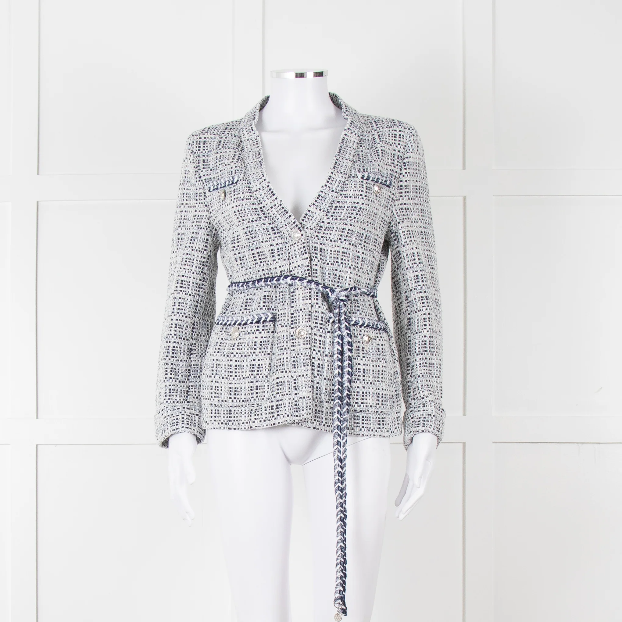 Maje Navy White Silver Buttons Tweedy Belted Jacket