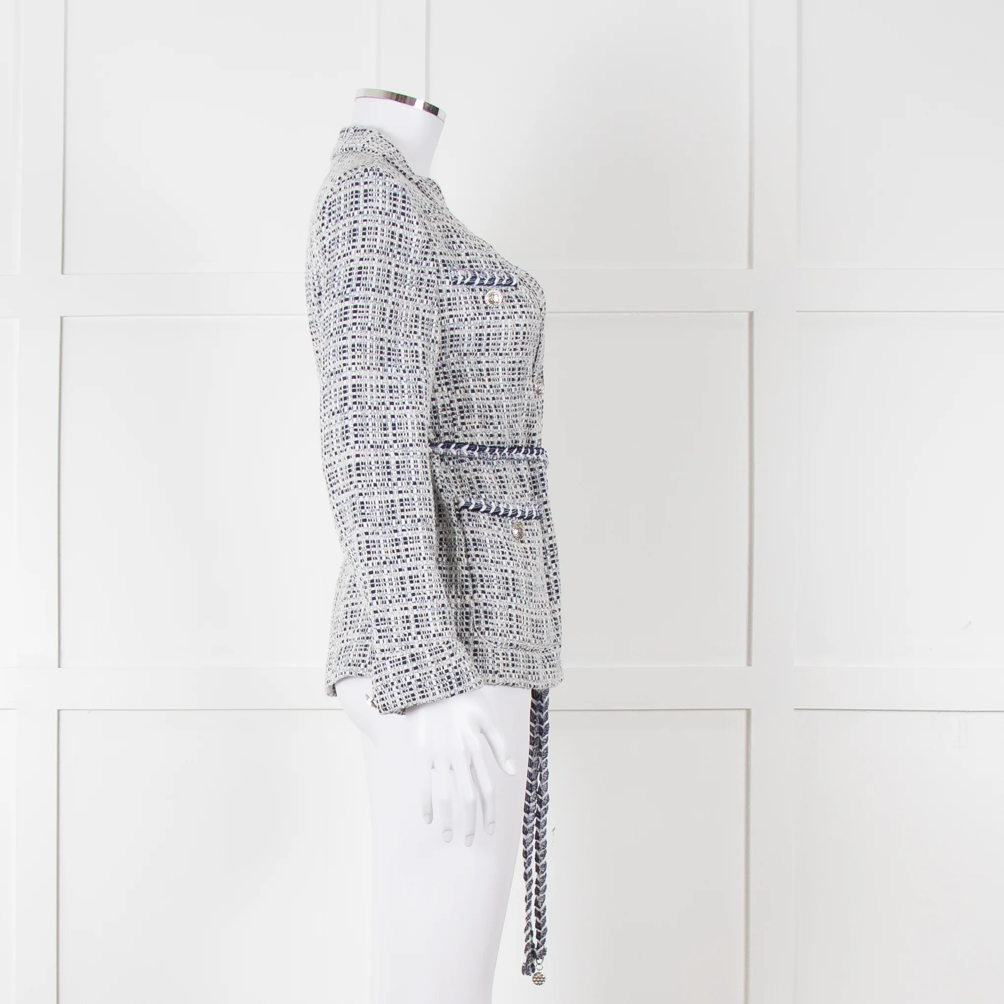Maje Navy White Silver Buttons Tweedy Belted Jacket - Image 3