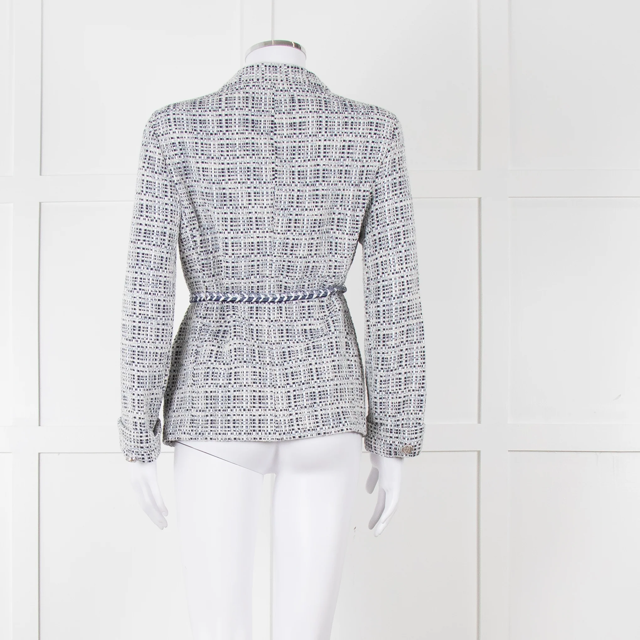 Maje Navy White Silver Buttons Tweedy Belted Jacket - Image 5