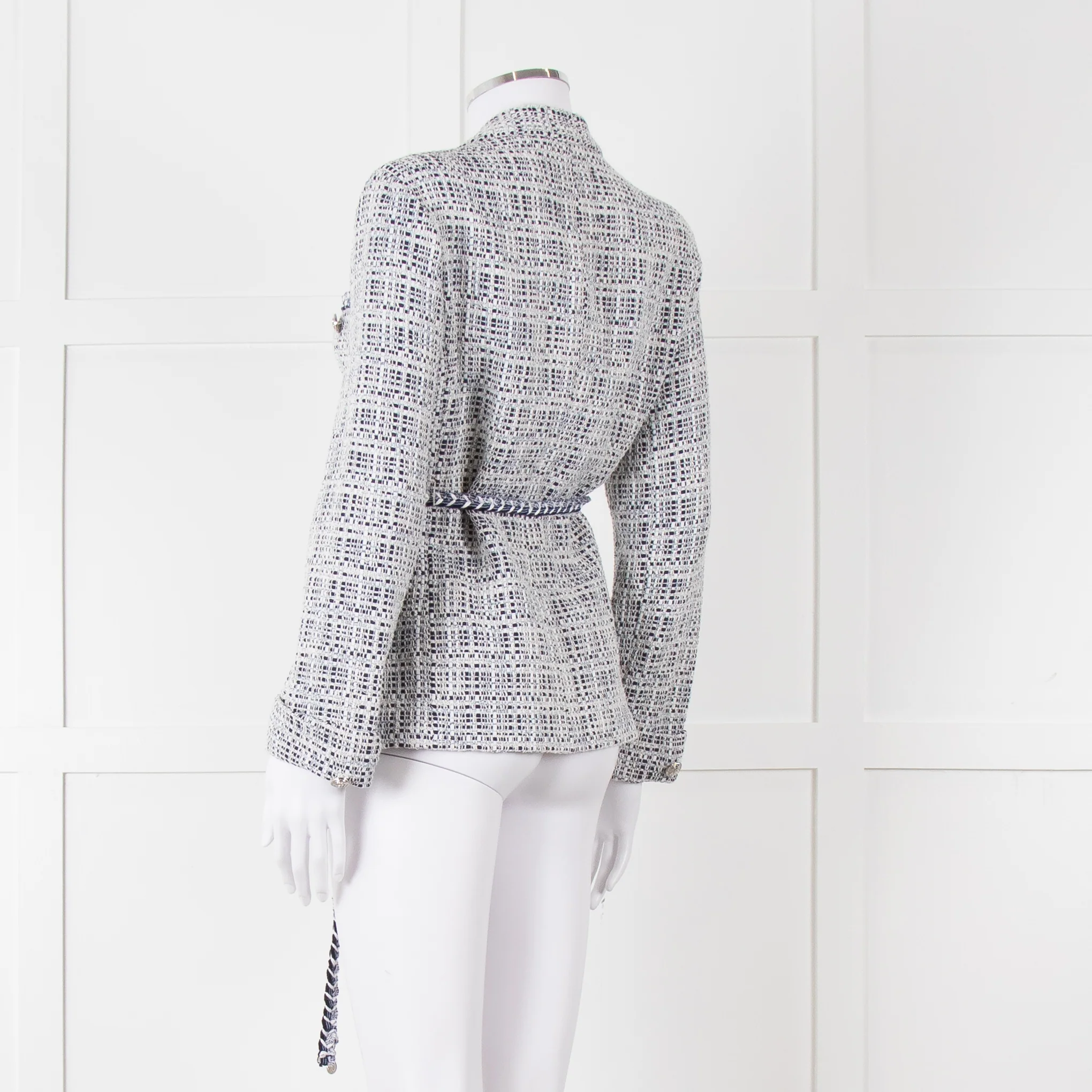 Maje Navy White Silver Buttons Tweedy Belted Jacket - Image 6