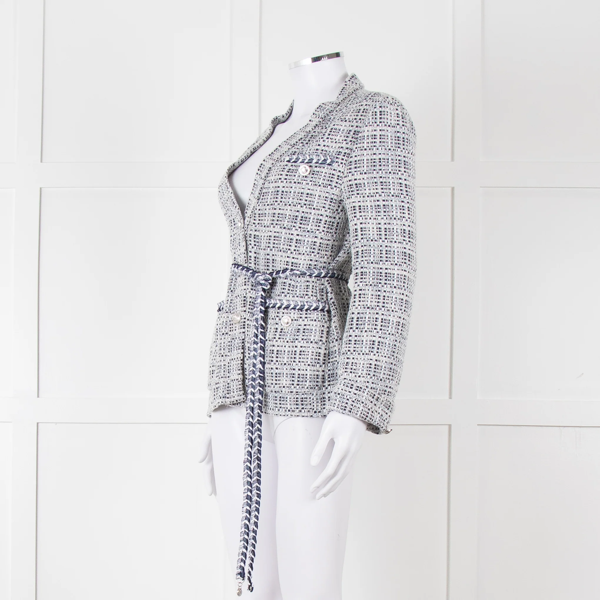 Maje Navy White Silver Buttons Tweedy Belted Jacket - Image 8
