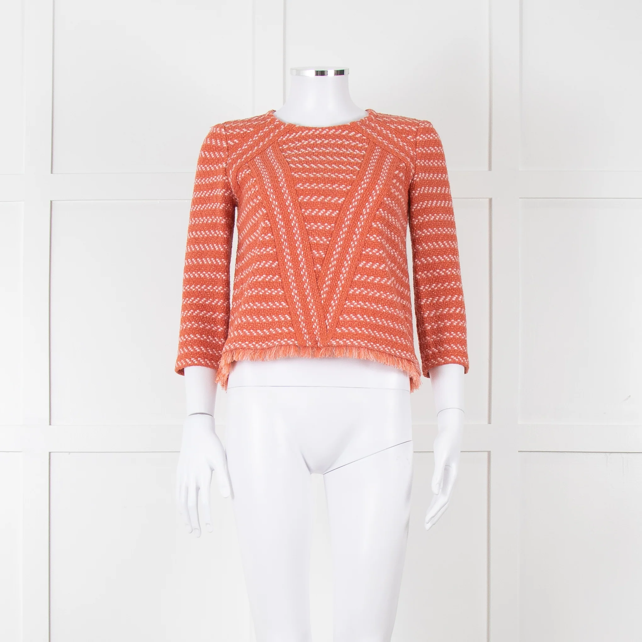 Maje Orange Cream Woven Back Button Fringe Top