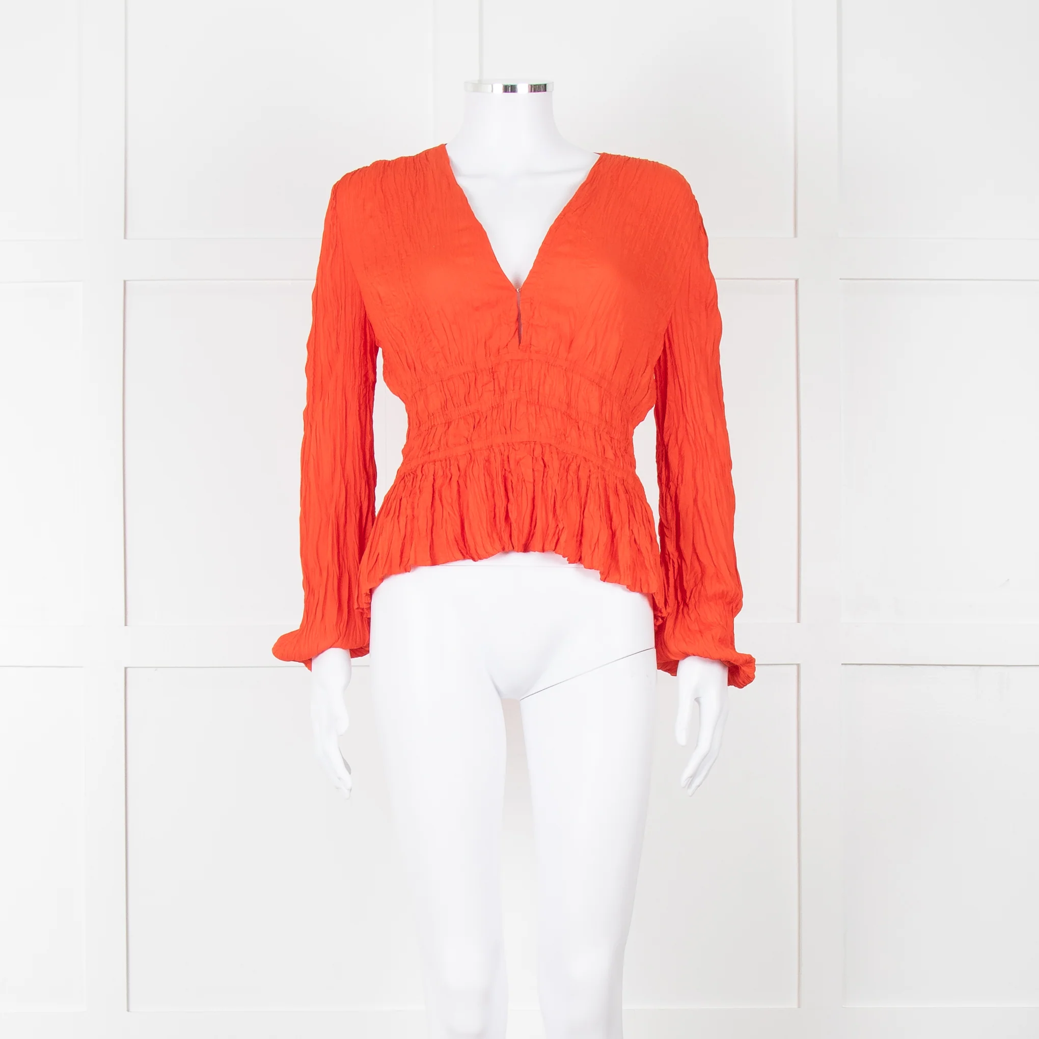 Maje Orange Crinkle Long Sleeve Top with Fitted Waist