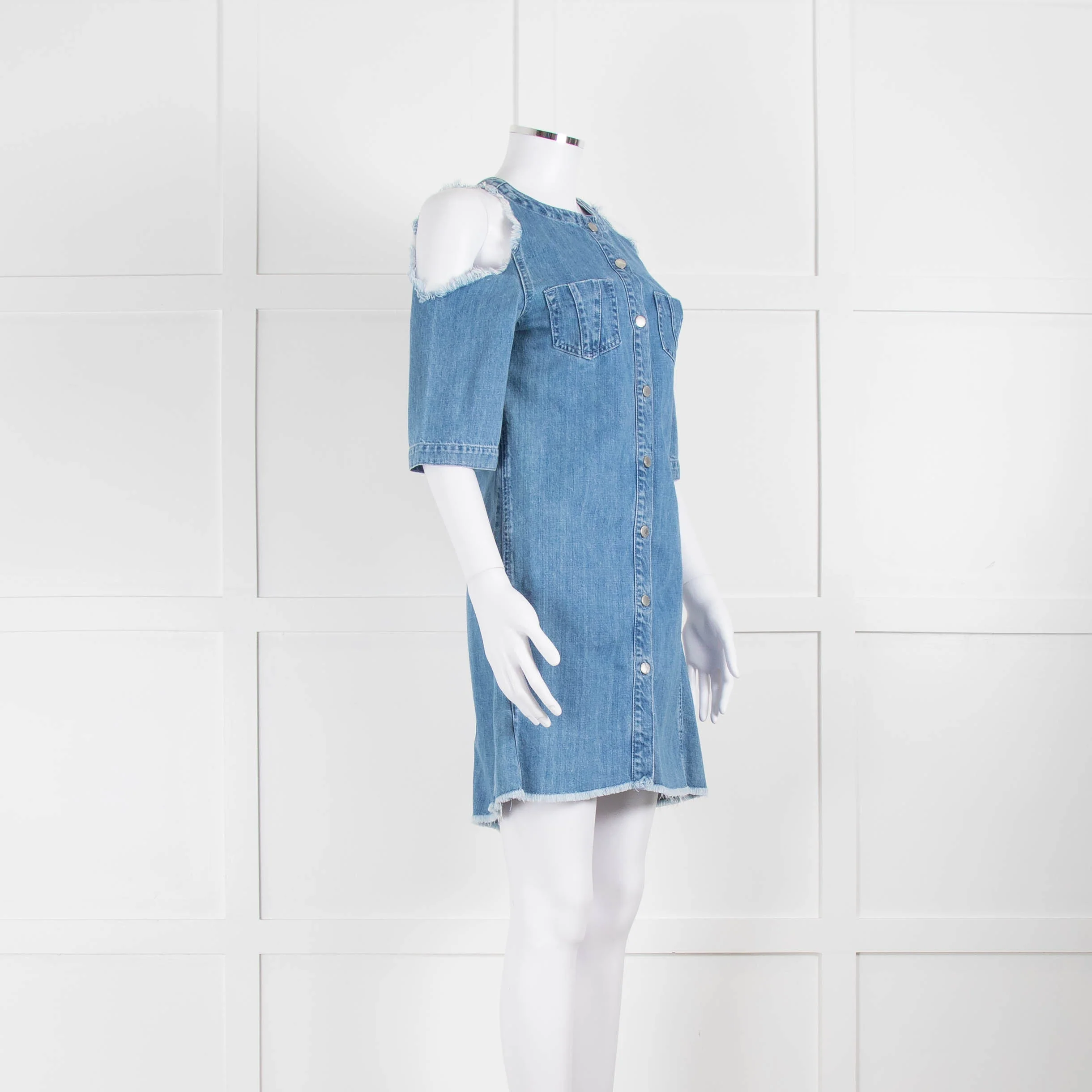 Maje Pale Blue Denim Dress With Frayed Cold Shoulders - Image 2