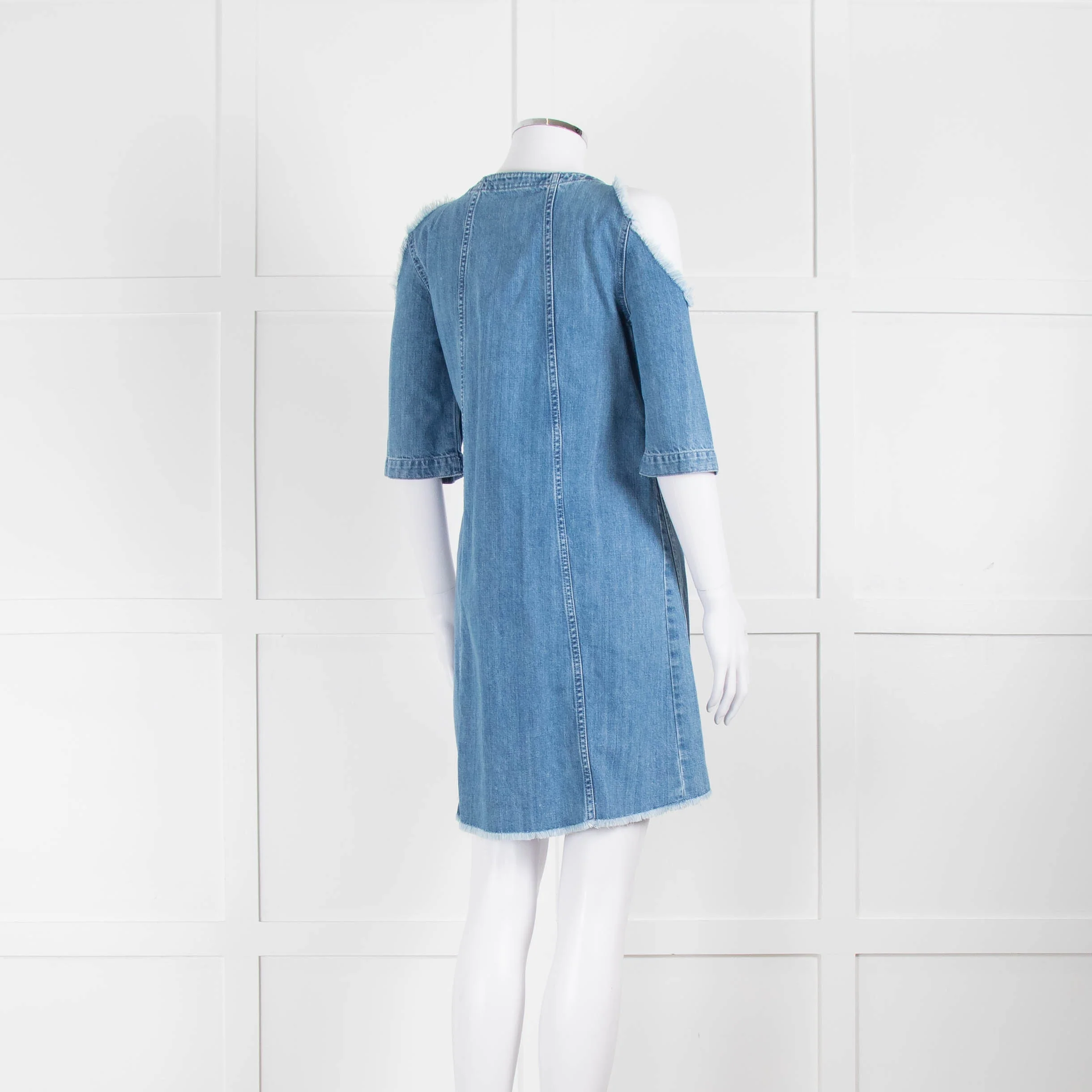 Maje Pale Blue Denim Dress With Frayed Cold Shoulders - Image 4