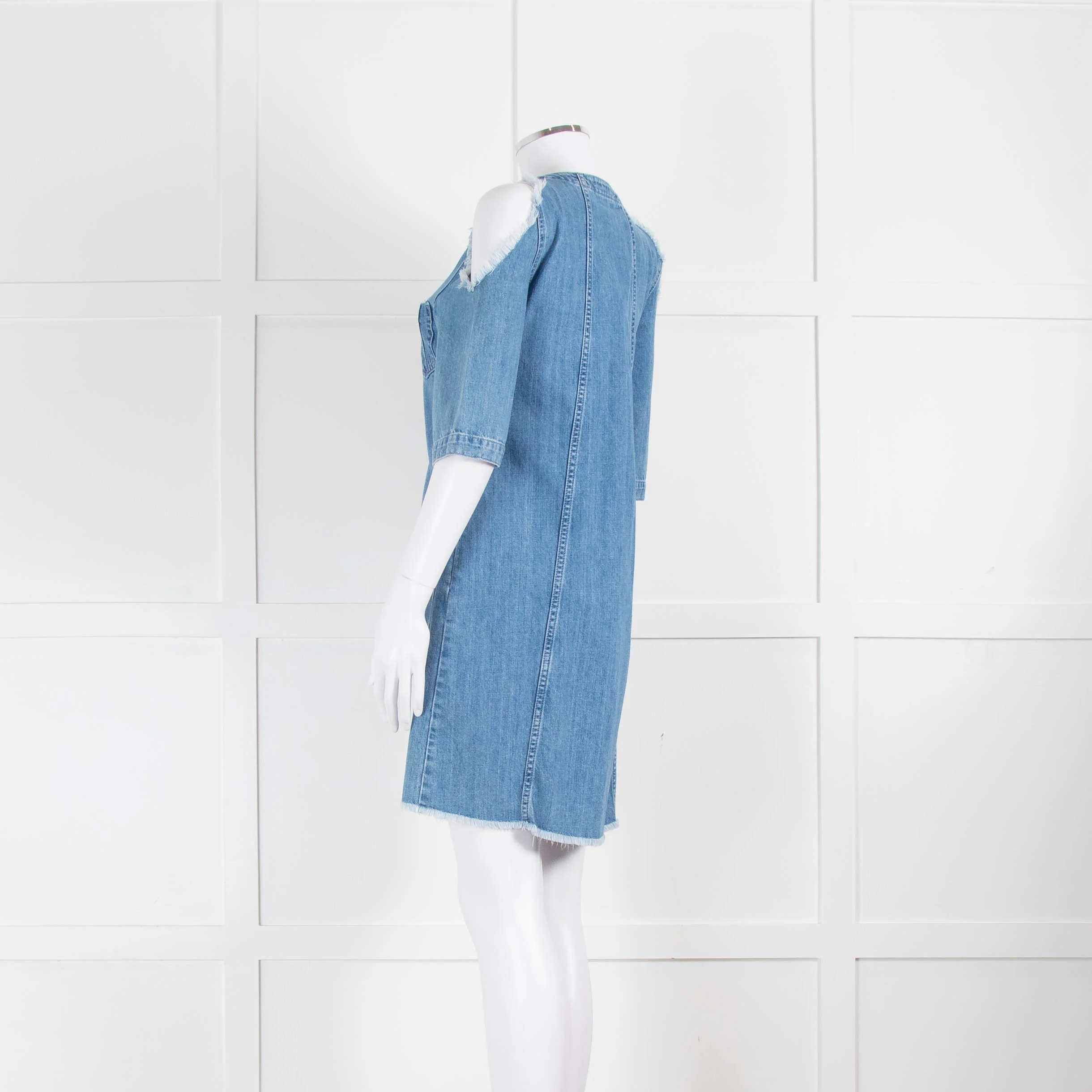 Maje Pale Blue Denim Dress With Frayed Cold Shoulders - Image 6
