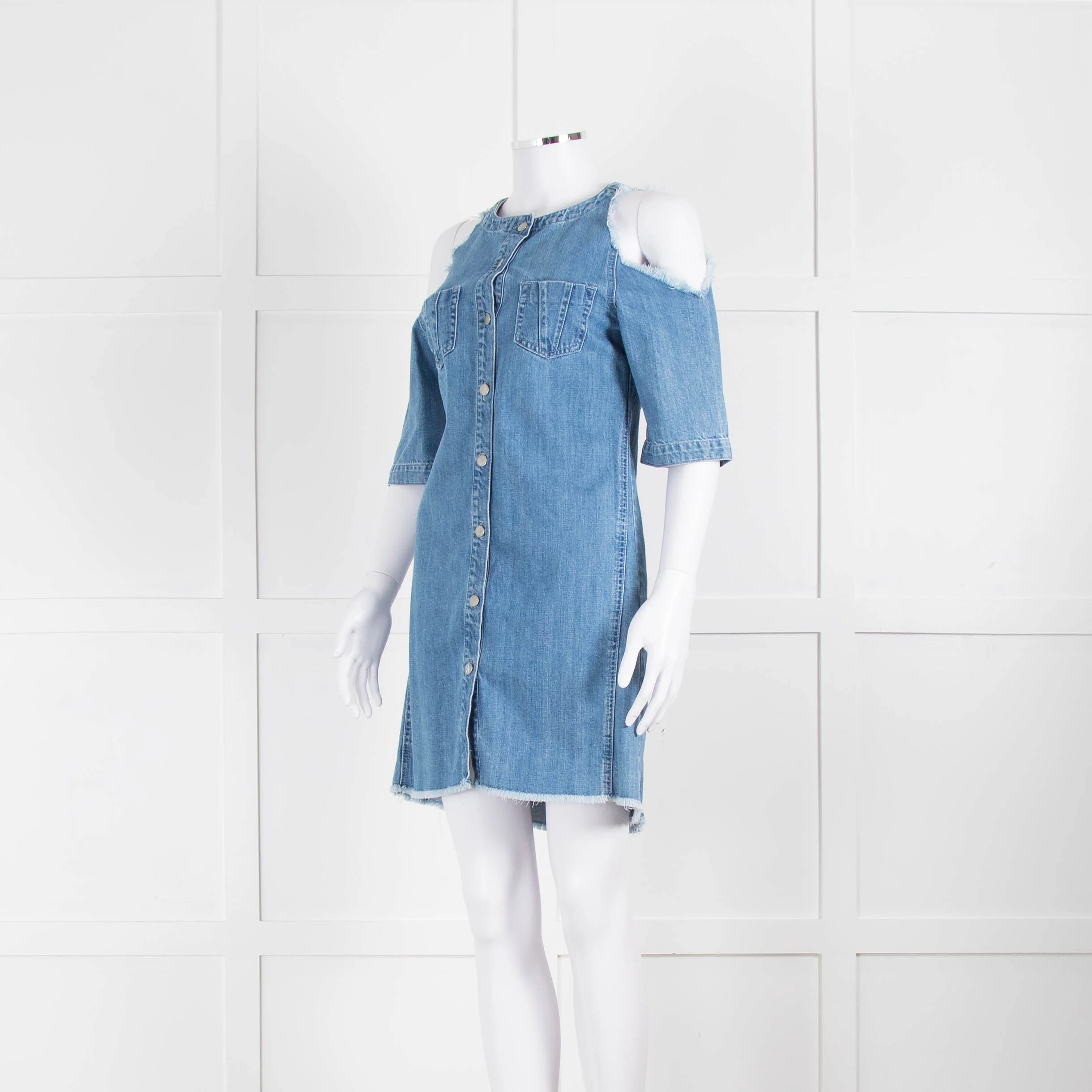 Maje Pale Blue Denim Dress With Frayed Cold Shoulders - Image 8