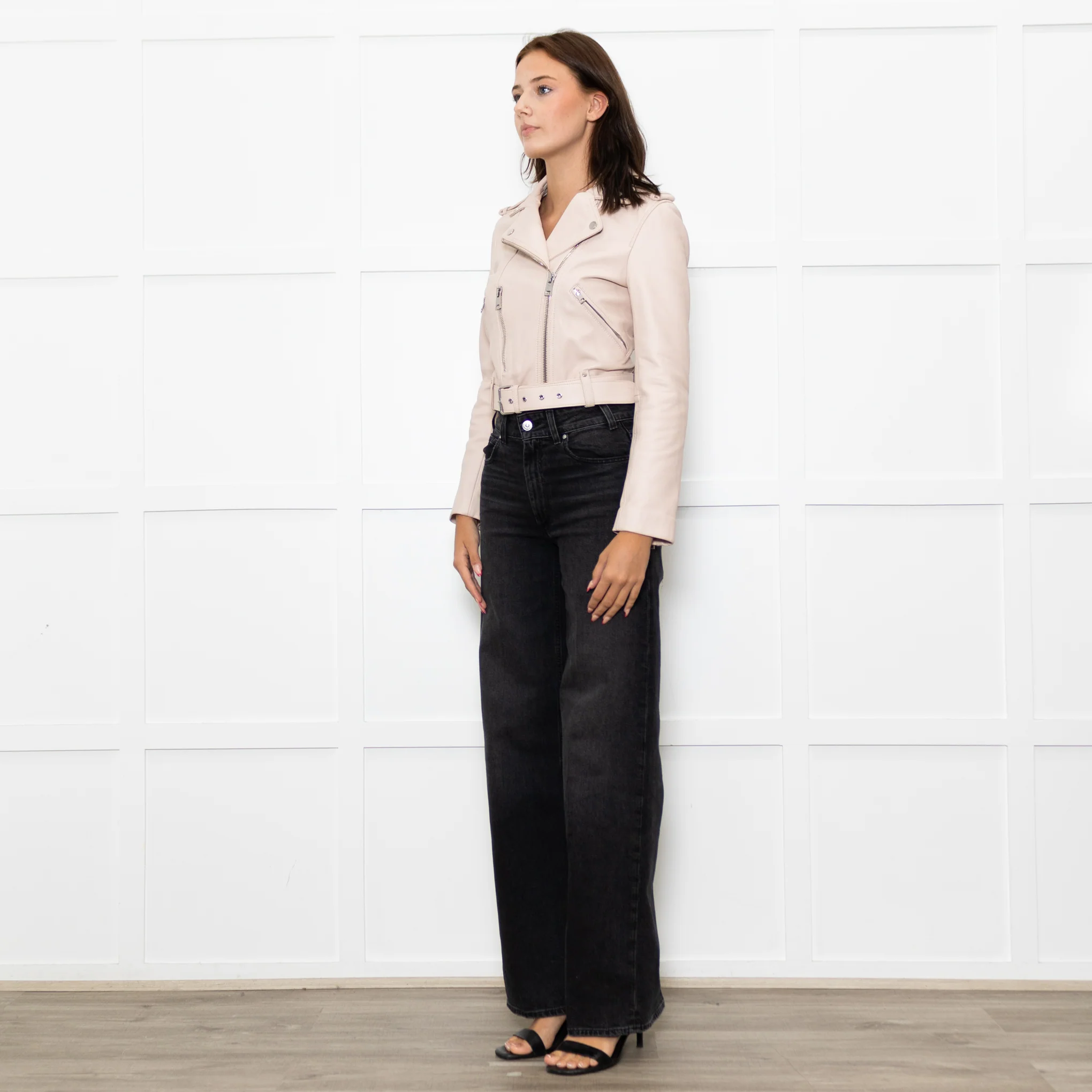 Maje Pale Pink Leather Cropped Biker Jacket - Image 3
