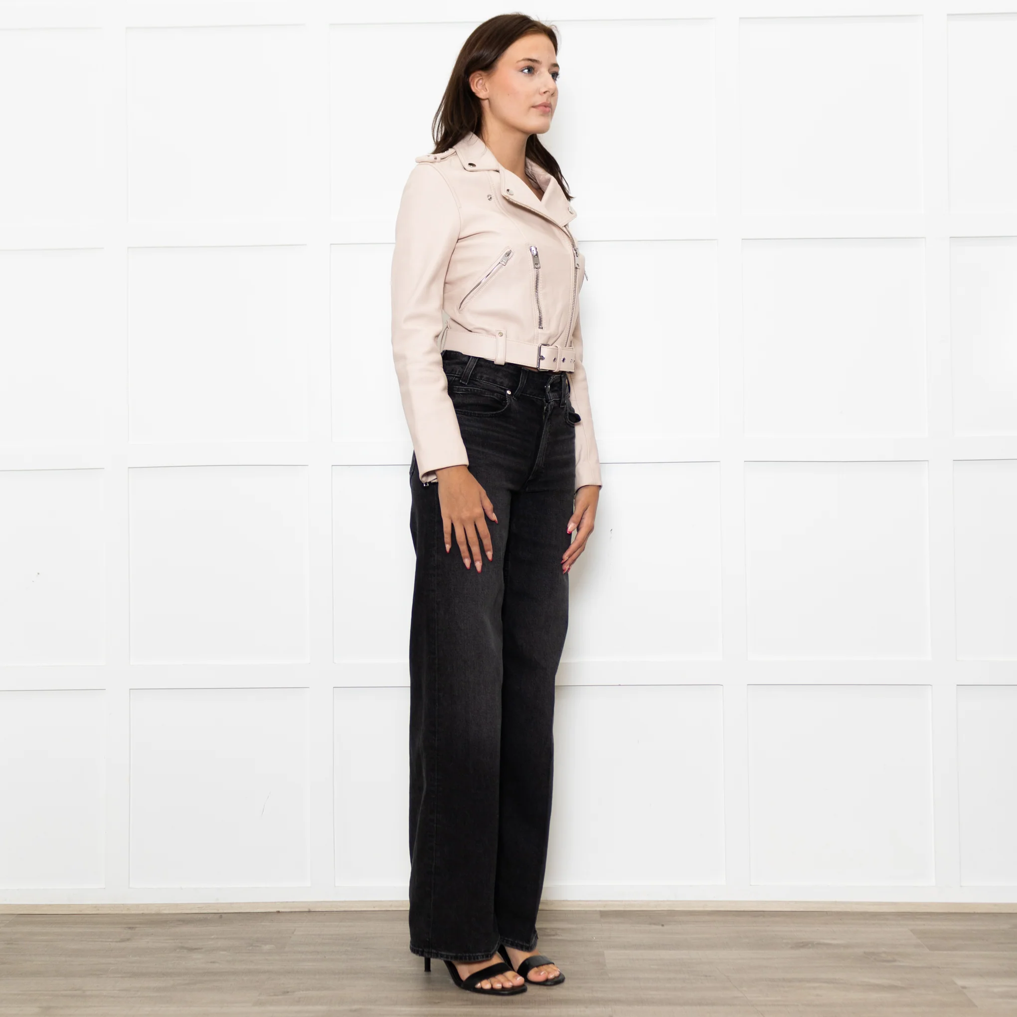 Maje Pale Pink Leather Cropped Biker Jacket - Image 7