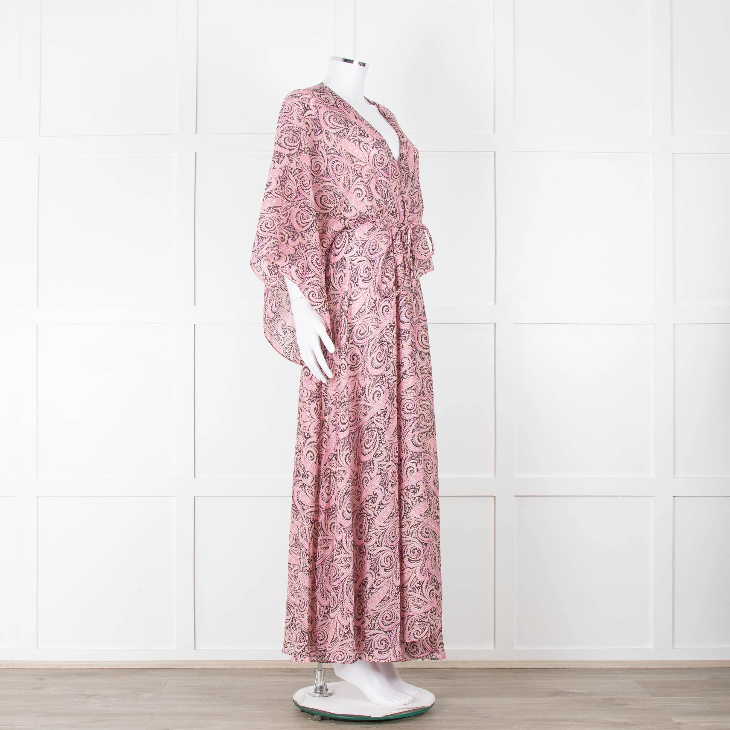 Maje Pink Black Paisley Wide Sleeve Midi Belted Dress - Image 2