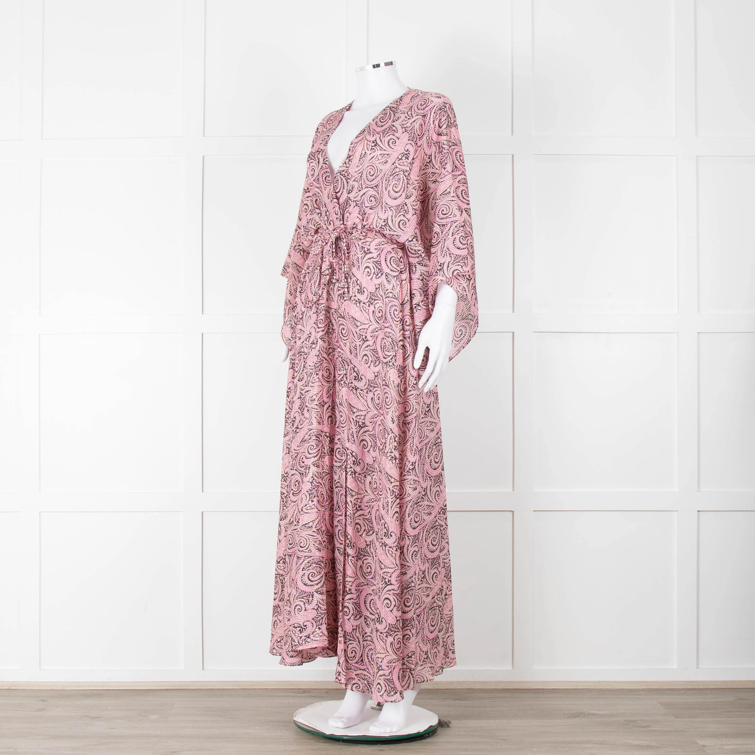 Maje Pink Black Paisley Wide Sleeve Midi Belted Dress - Image 8