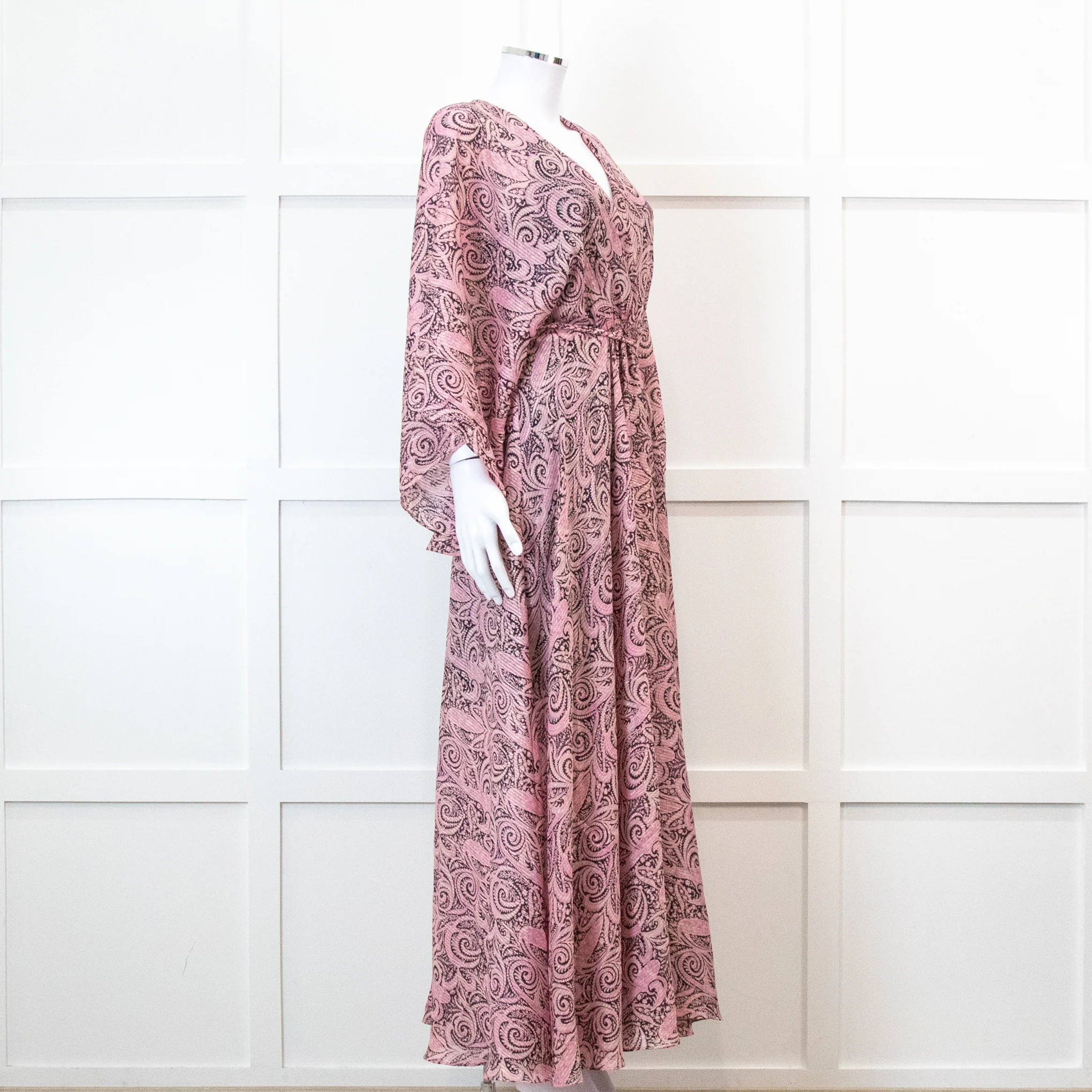 Maje Pink Paisley Print V Neck Cape Sleeve Belted Maxi Dress - Image 2