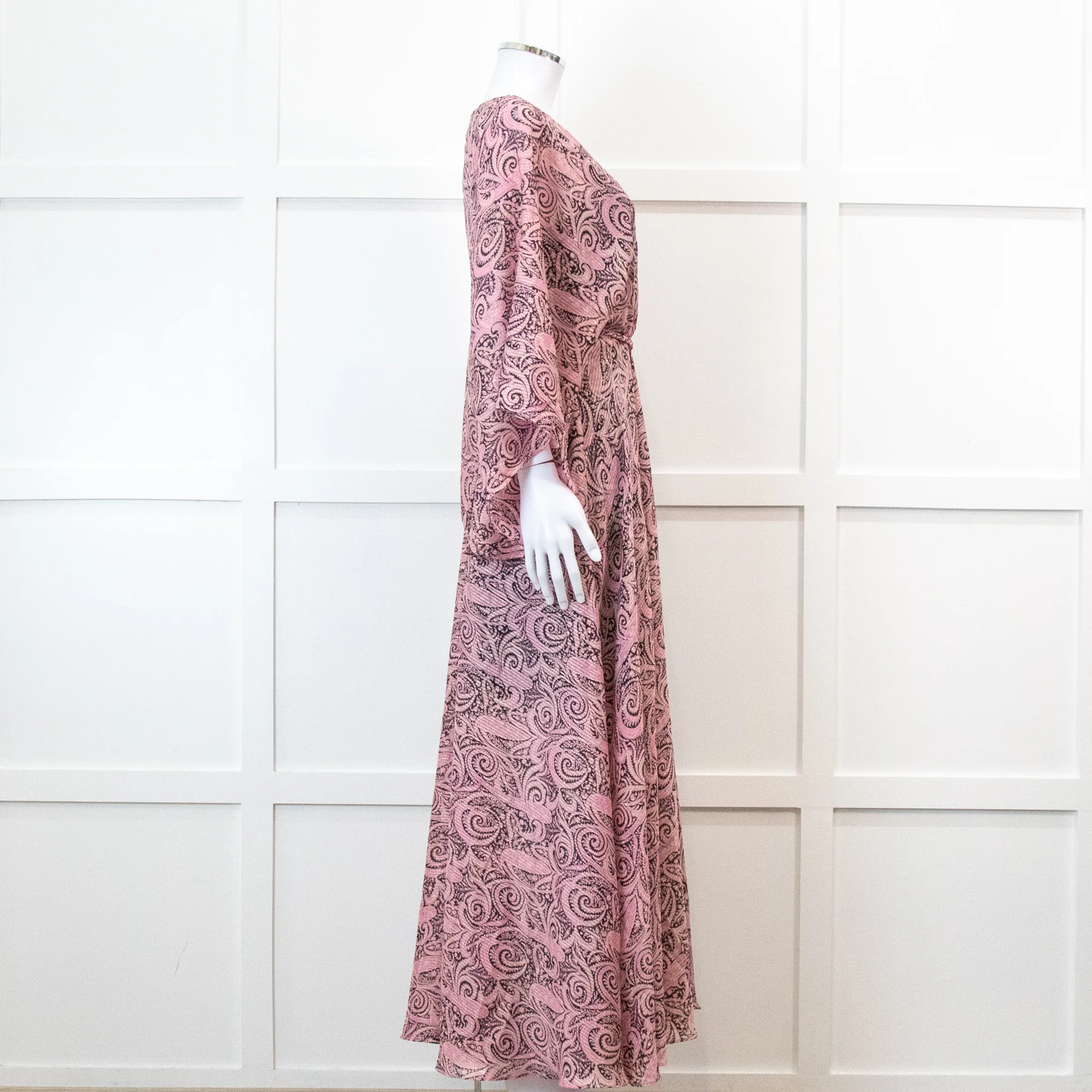Maje Pink Paisley Print V Neck Cape Sleeve Belted Maxi Dress - Image 3