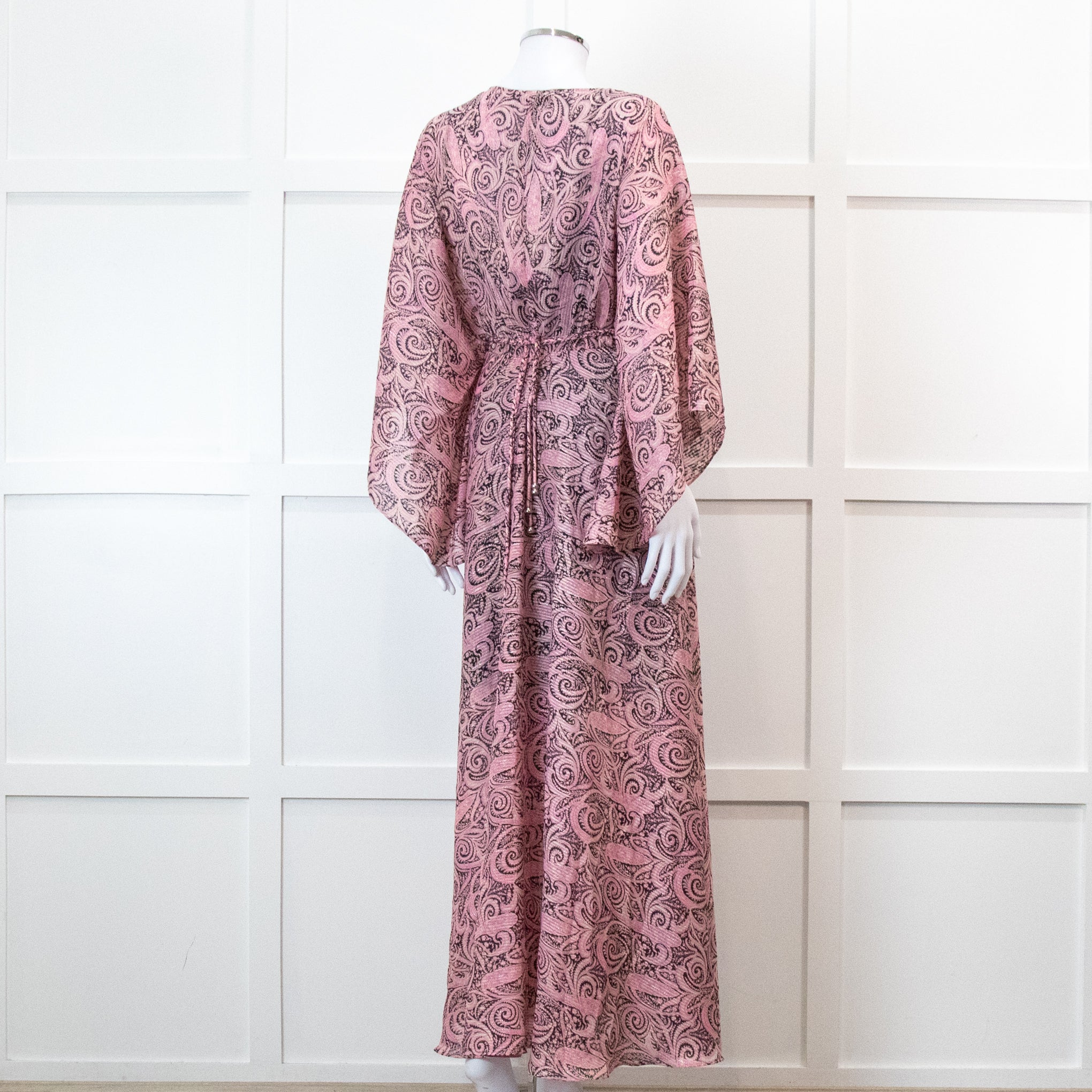 Maje Pink Paisley Print V Neck Cape Sleeve Belted Maxi Dress - Image 4