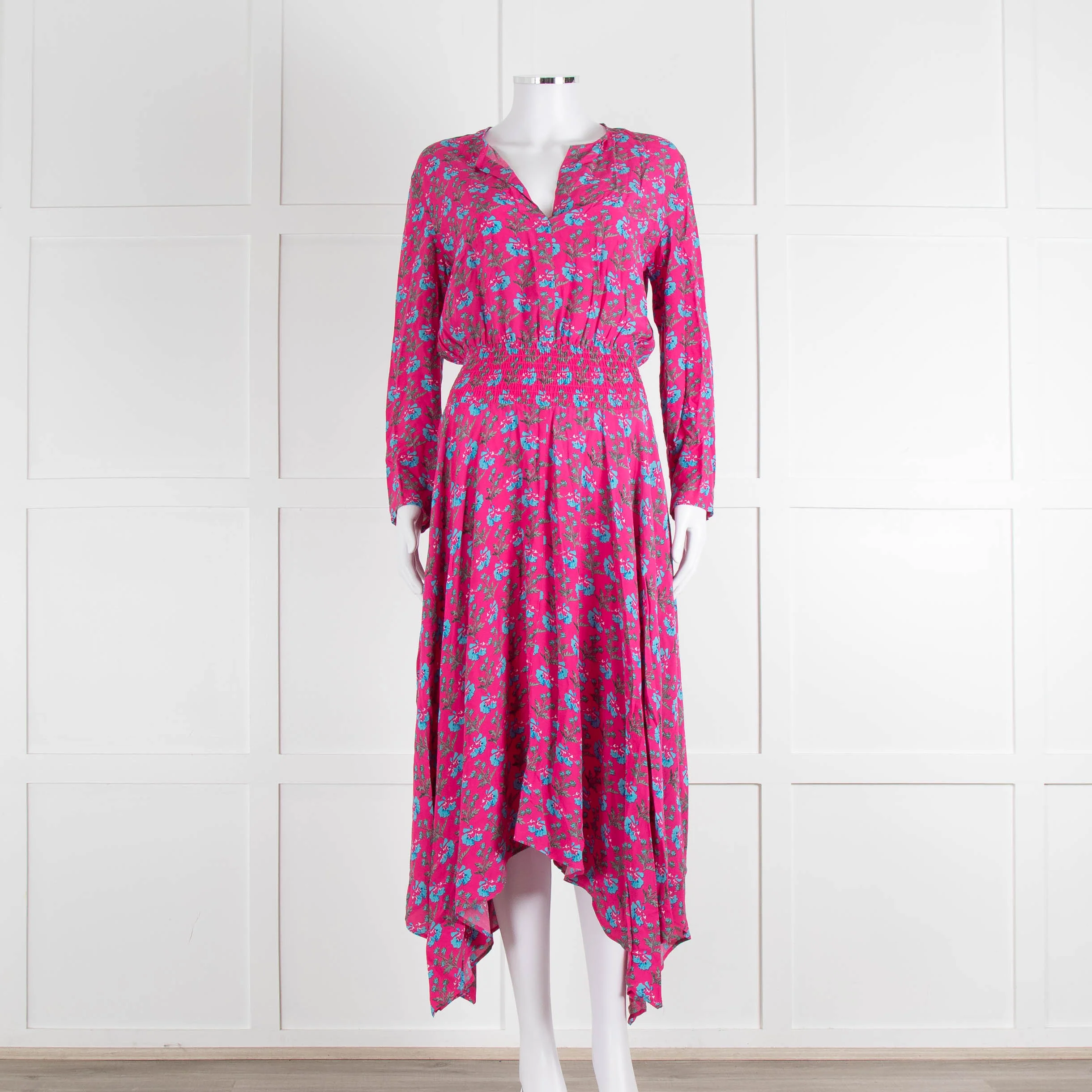 Maje Pink Turquoise Floral Print Ruched Waist Dress