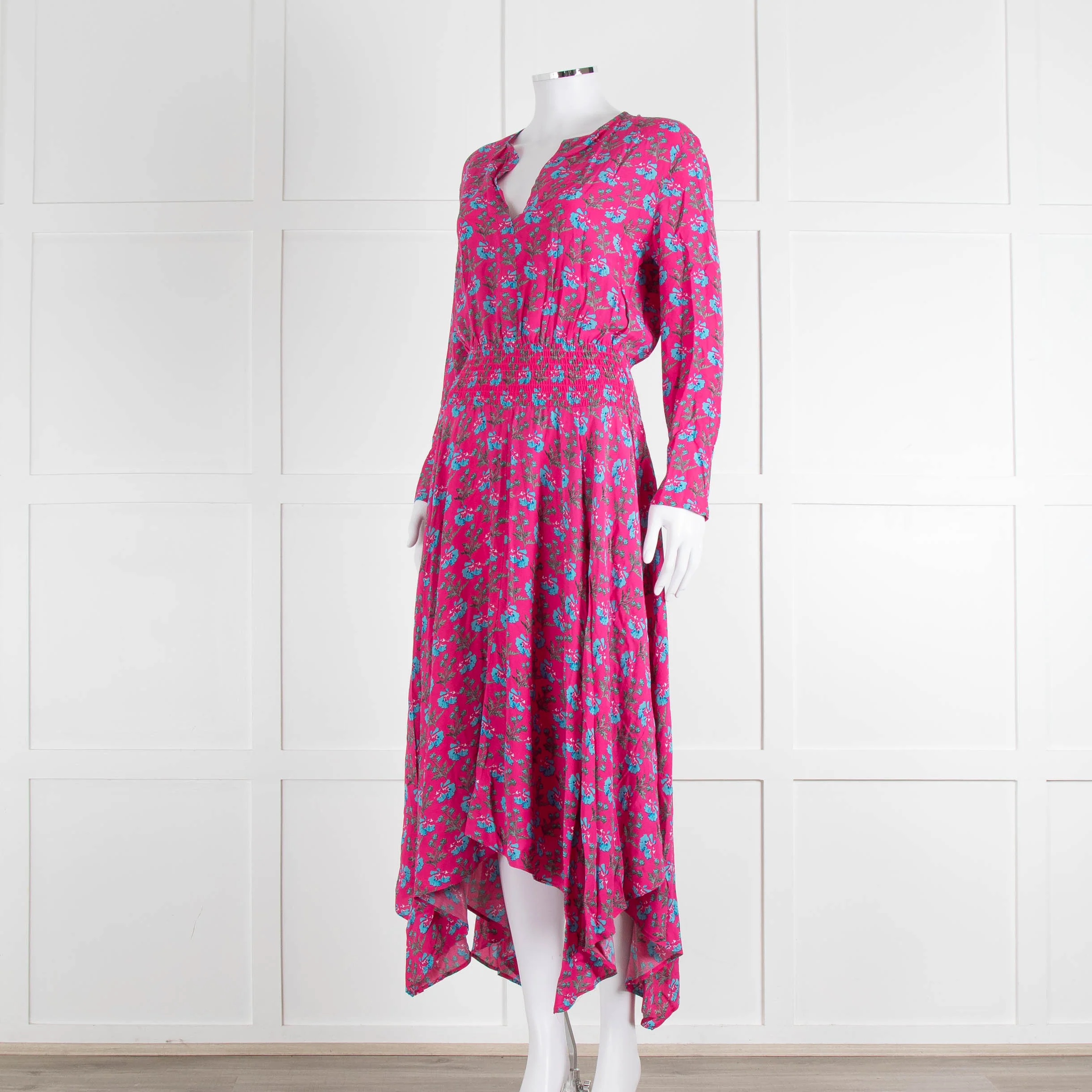Maje Pink Turquoise Floral Print Ruched Waist Dress - Image 8