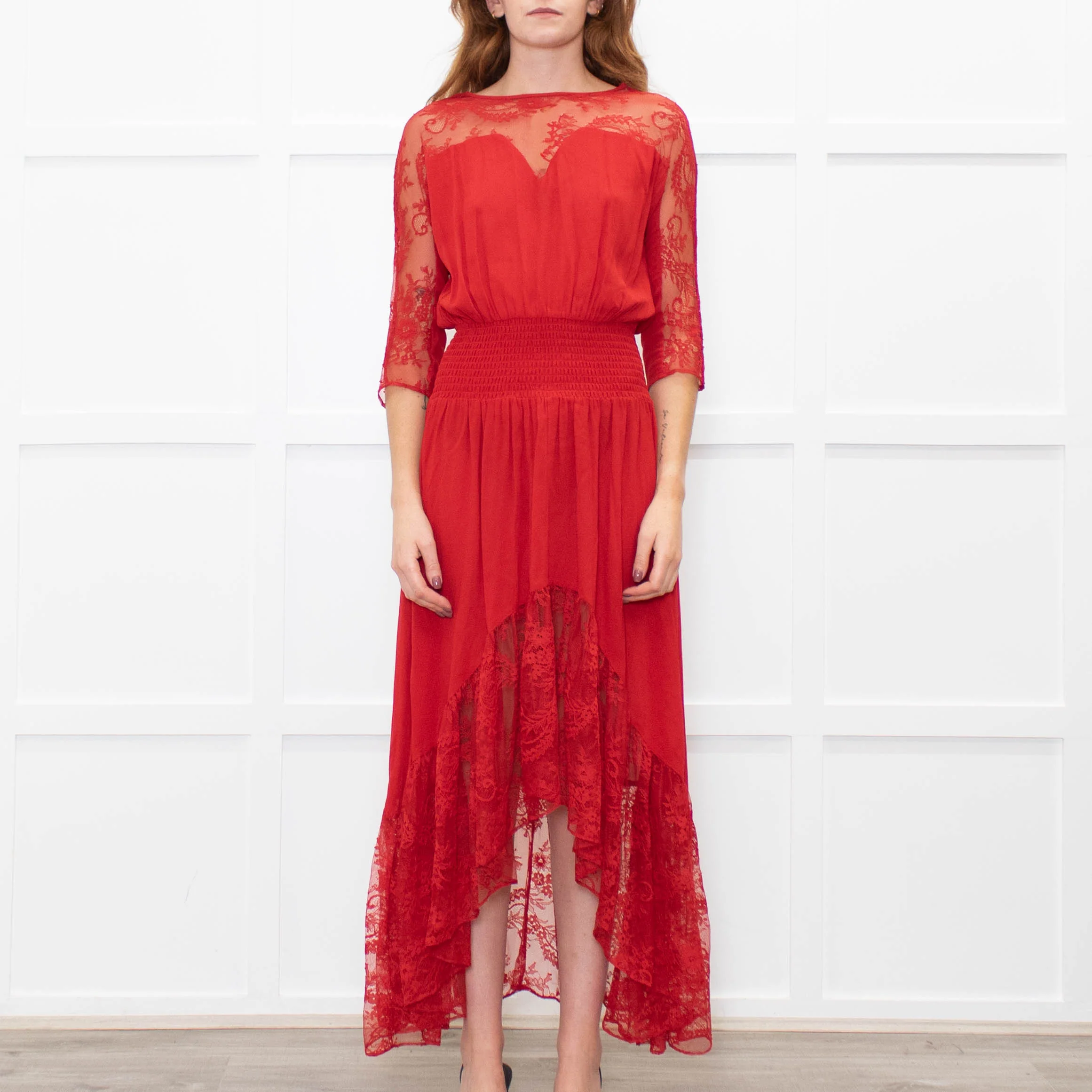 Maje Red Lace Trim Asymmetric Bottom Dress - Image 2
