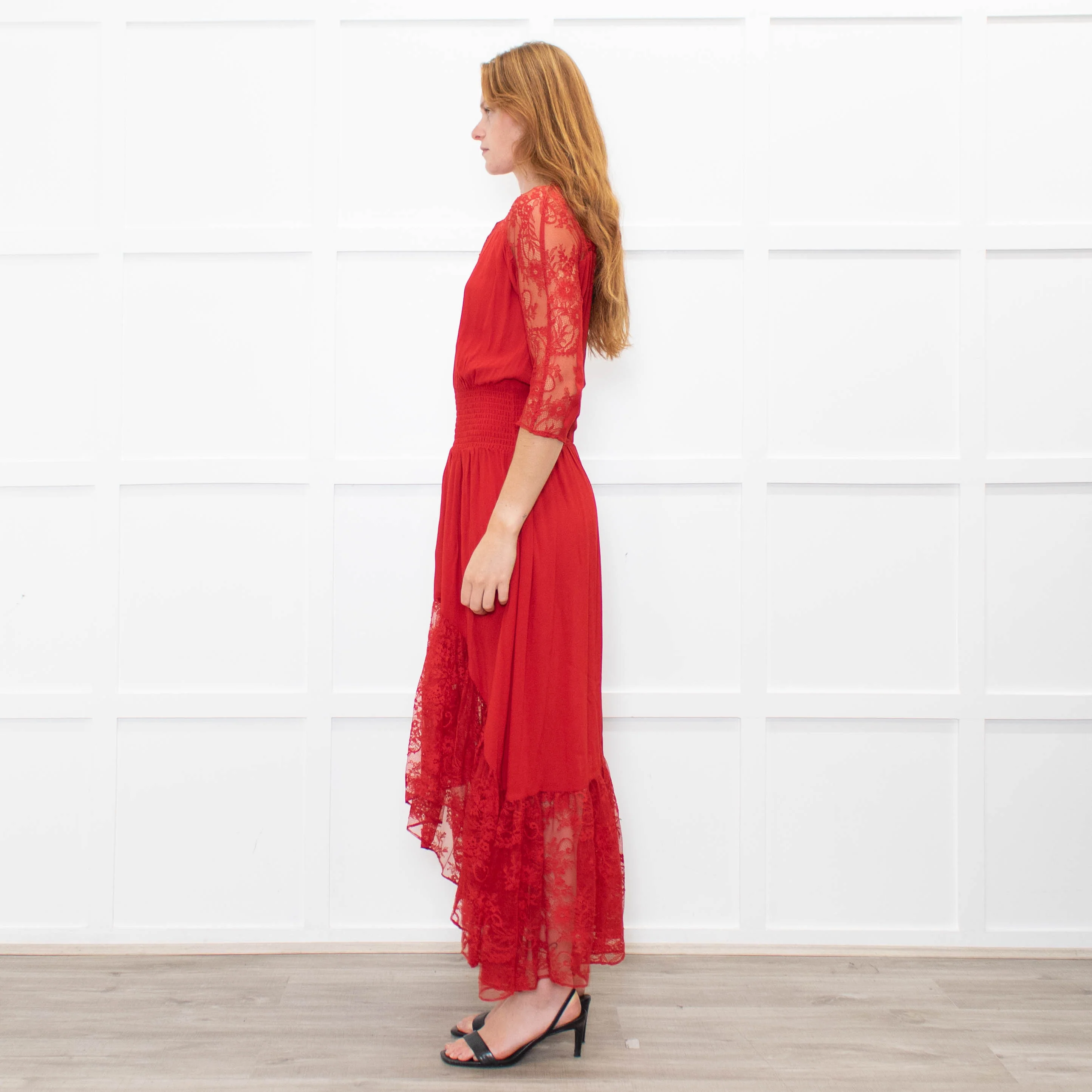 Maje Red Lace Trim Asymmetric Bottom Dress - Image 4