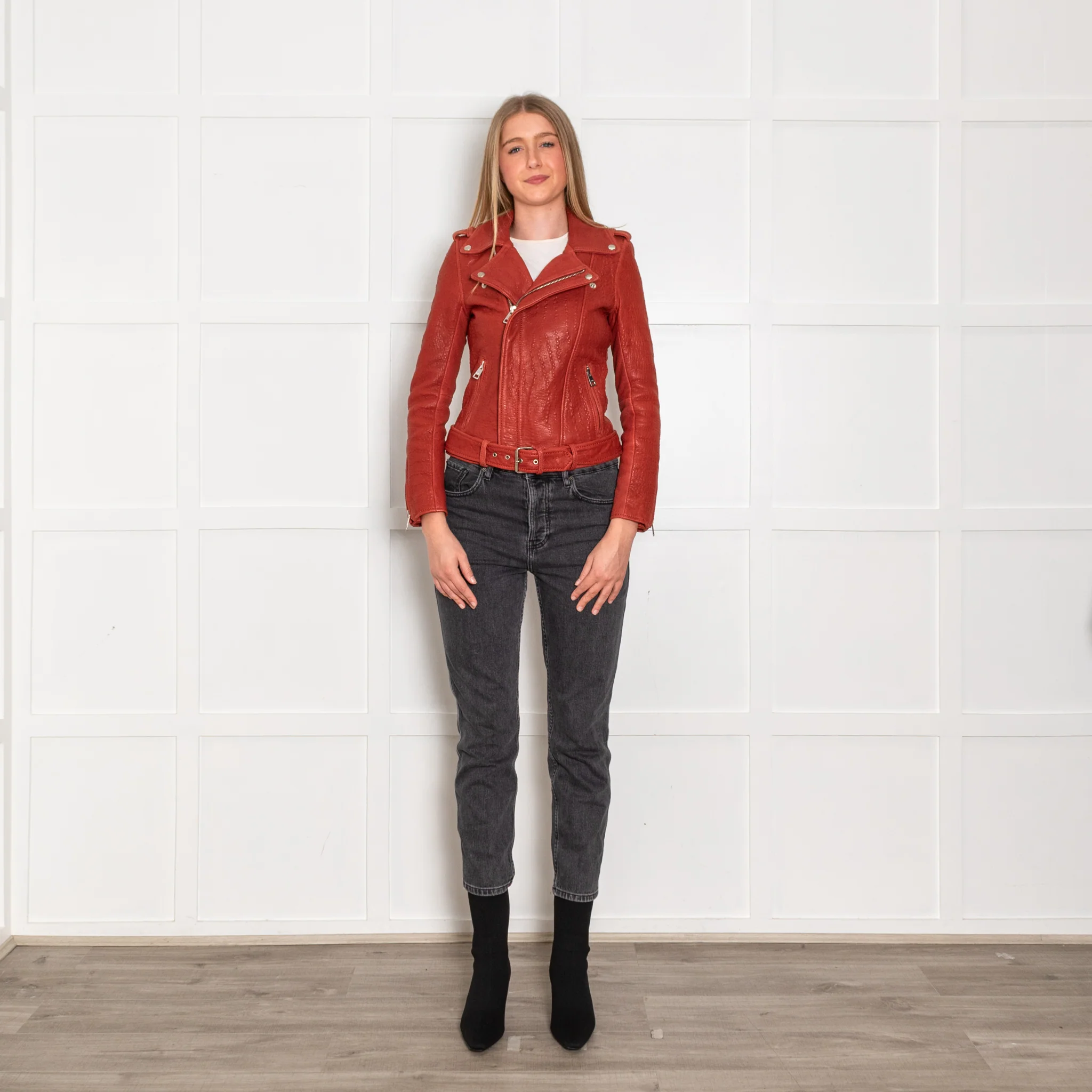 Maje Red Textured Leather Biker Jacket