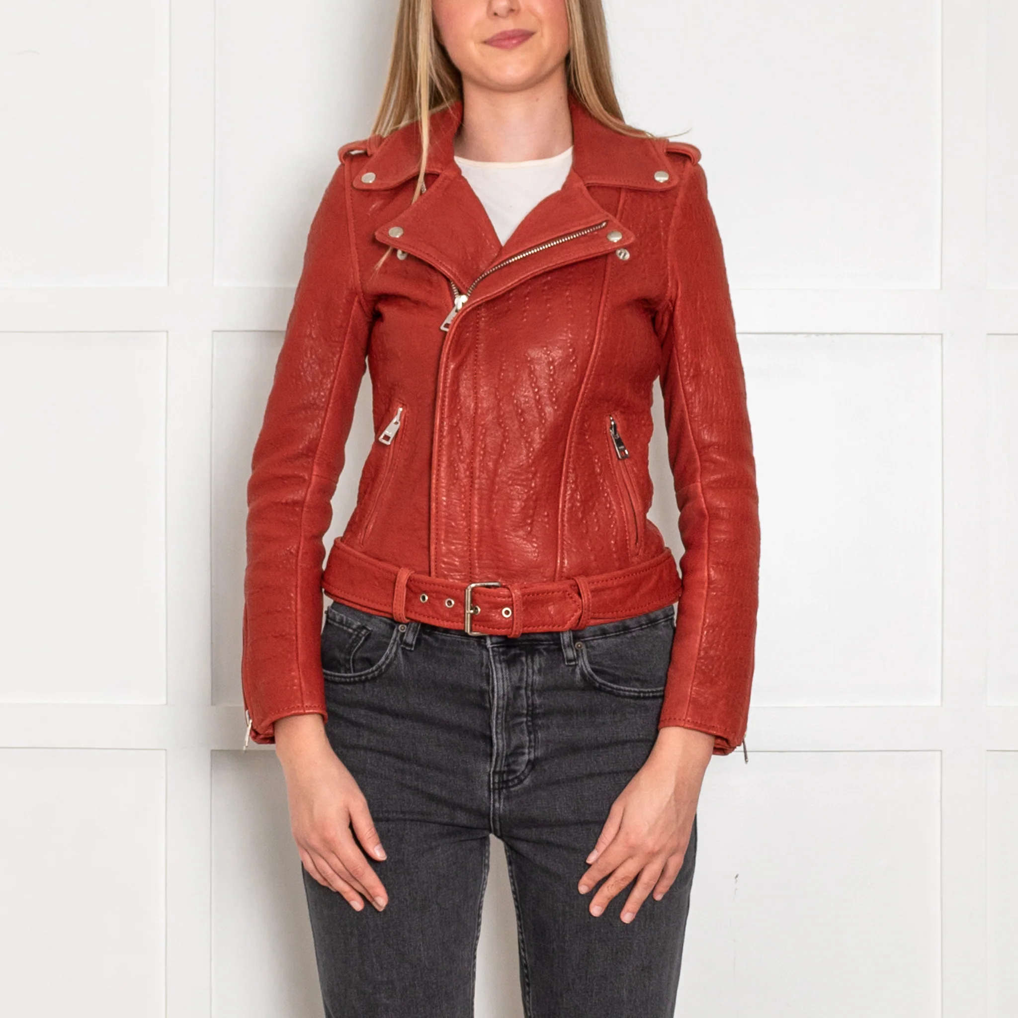 Maje Red Textured Leather Biker Jacket - Image 2