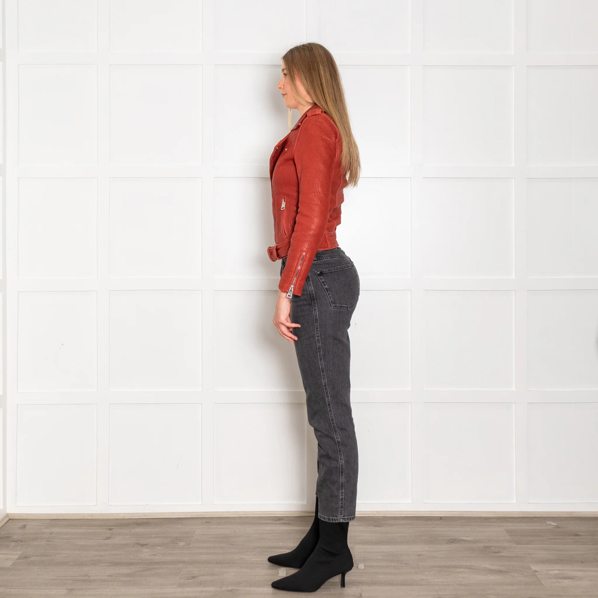 Maje Red Textured Leather Biker Jacket - Image 4