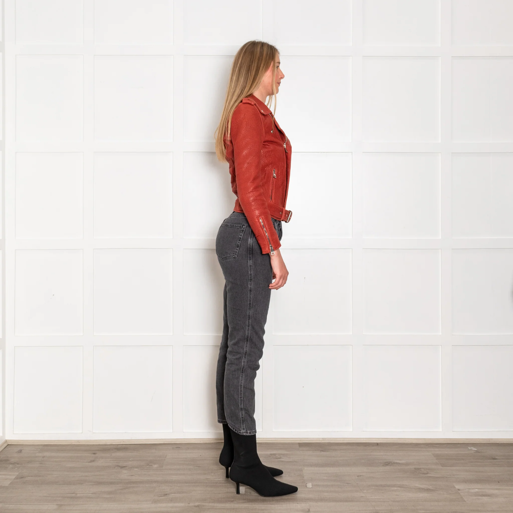 Maje Red Textured Leather Biker Jacket - Image 6