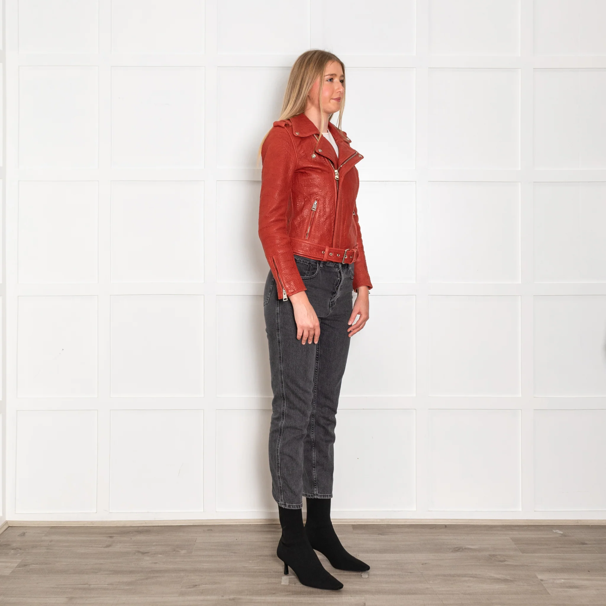 Maje Red Textured Leather Biker Jacket - Image 7