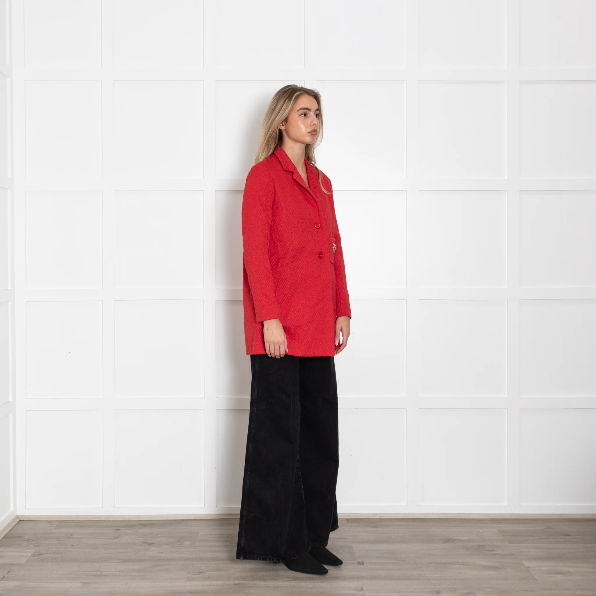 Maje Red Textured Tiger Pocket Detail Coat - Image 7
