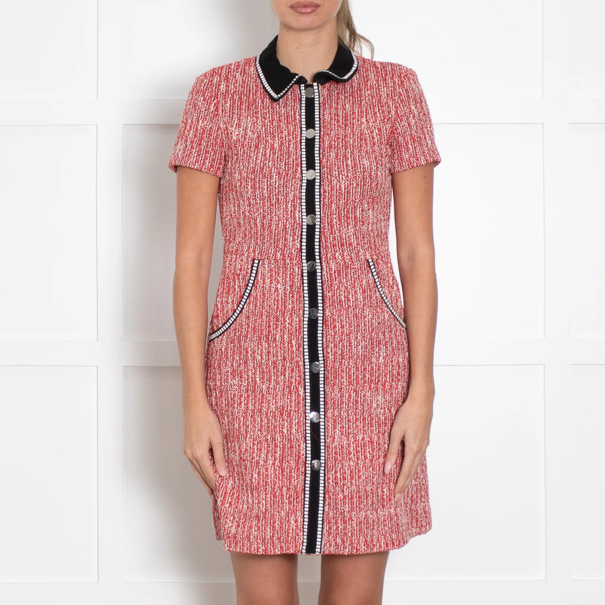 Maje Red White Tweed Short Sleeve Black Trim Dress - Image 2