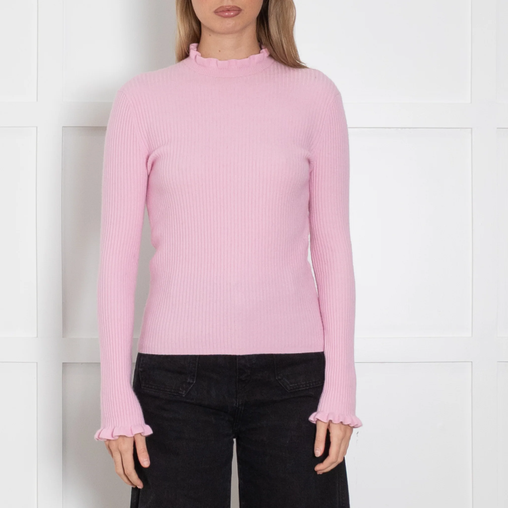 Maje Sugar Pink Ruffle Trim Ribbed Fitted Jumper - Image 2