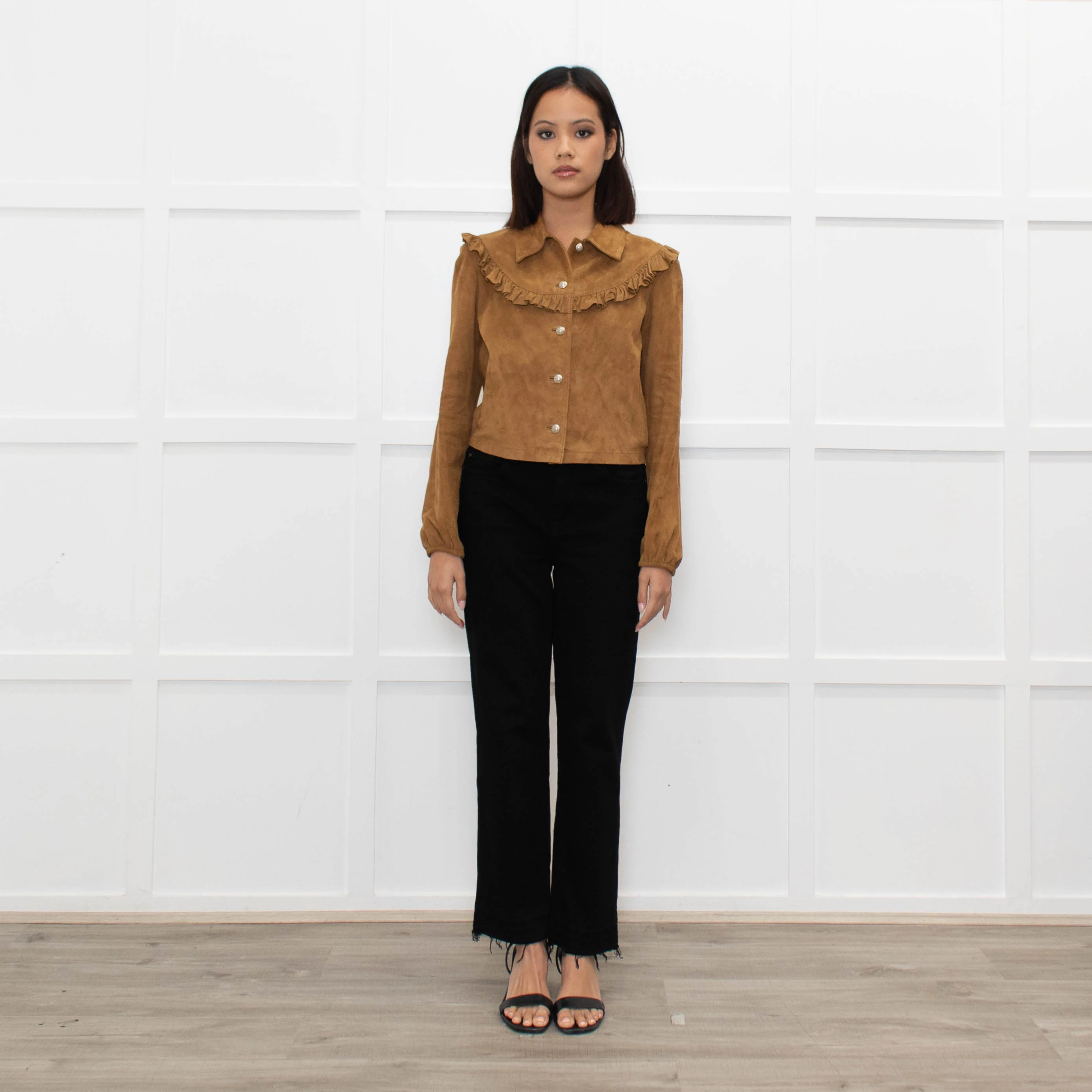 Maje Tan Suede Frill Trim Short Jacket