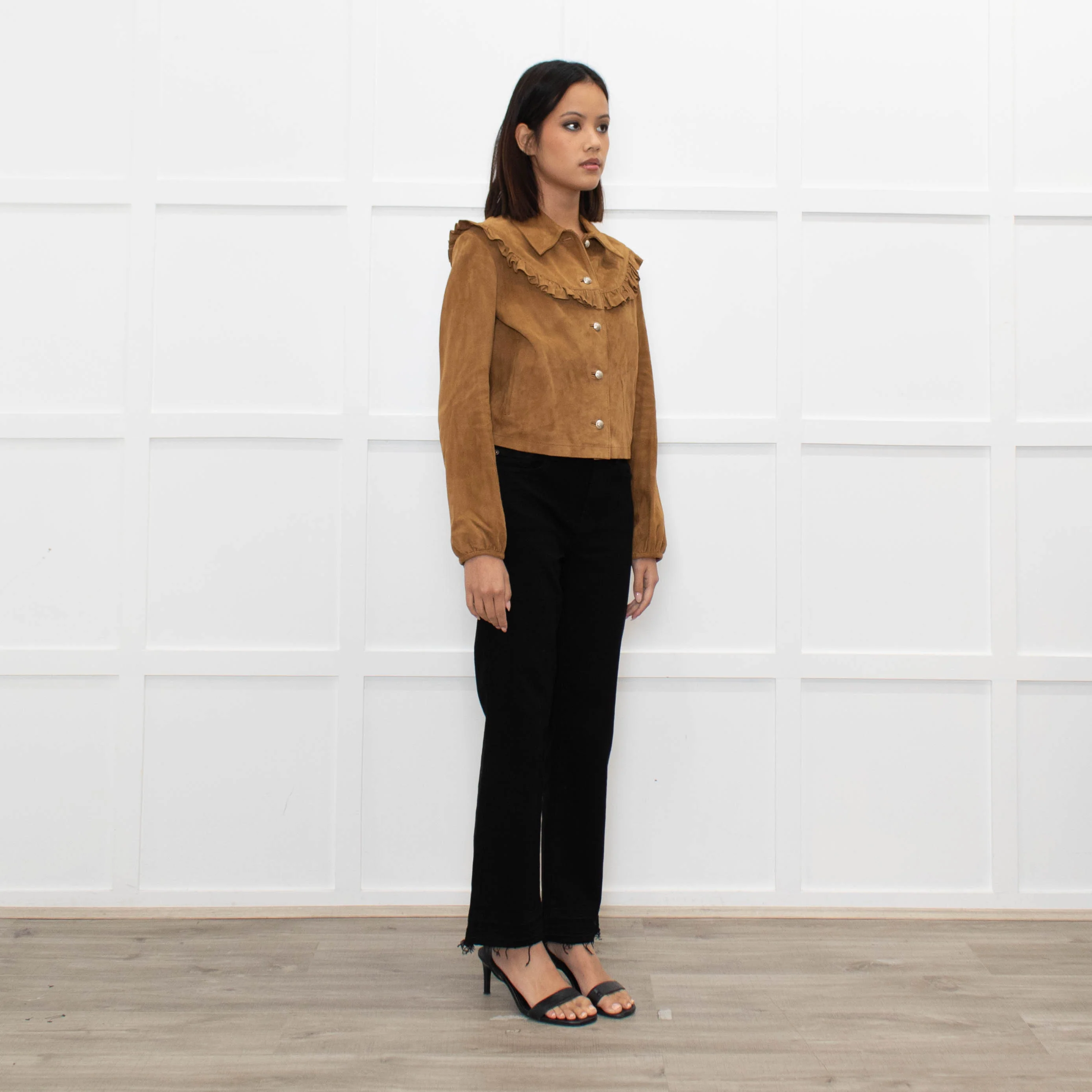 Maje Tan Suede Frill Trim Short Jacket - Image 3