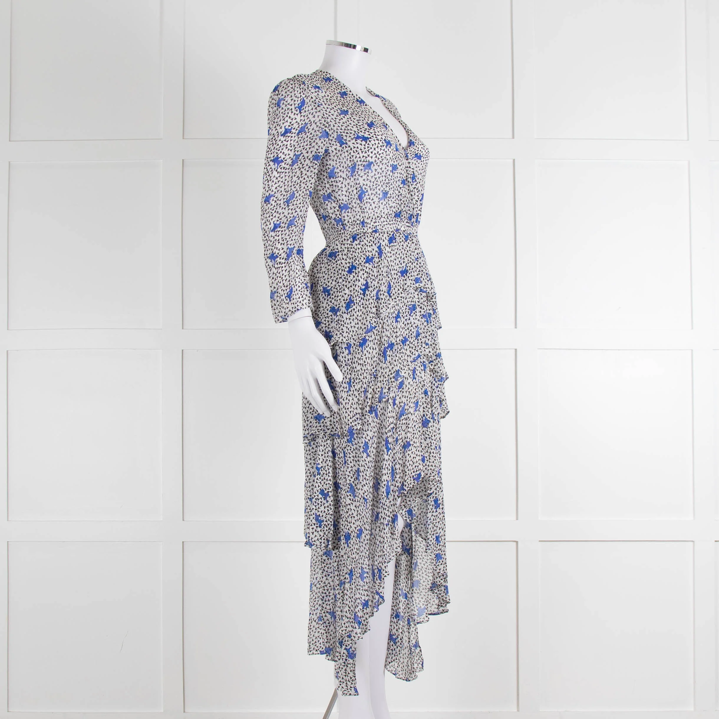 Maje White Blue Black Floral Ruffle Tiered Sleeved Dress - Image 2