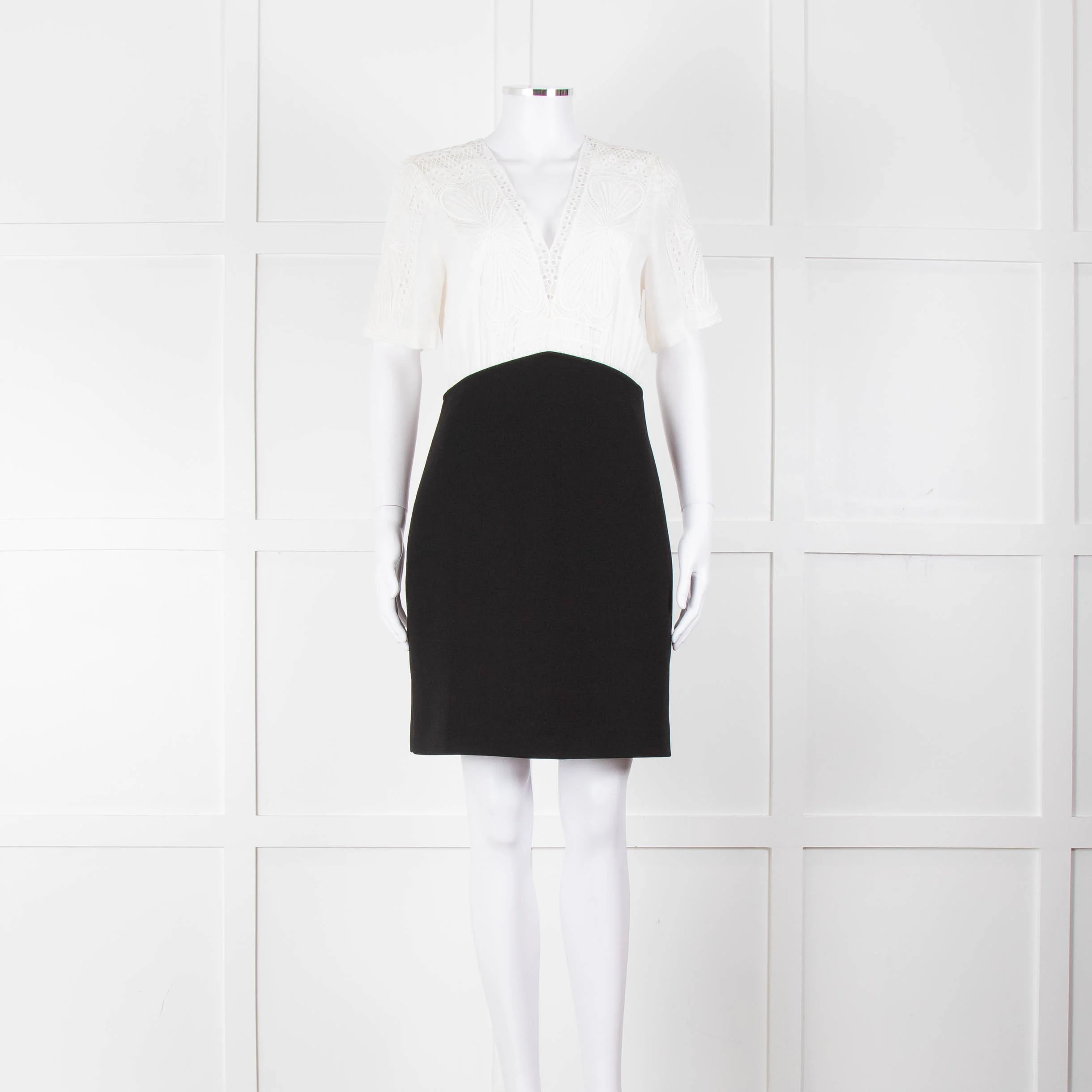 Maje White Lace Detail Top Black Bottom Short Dress