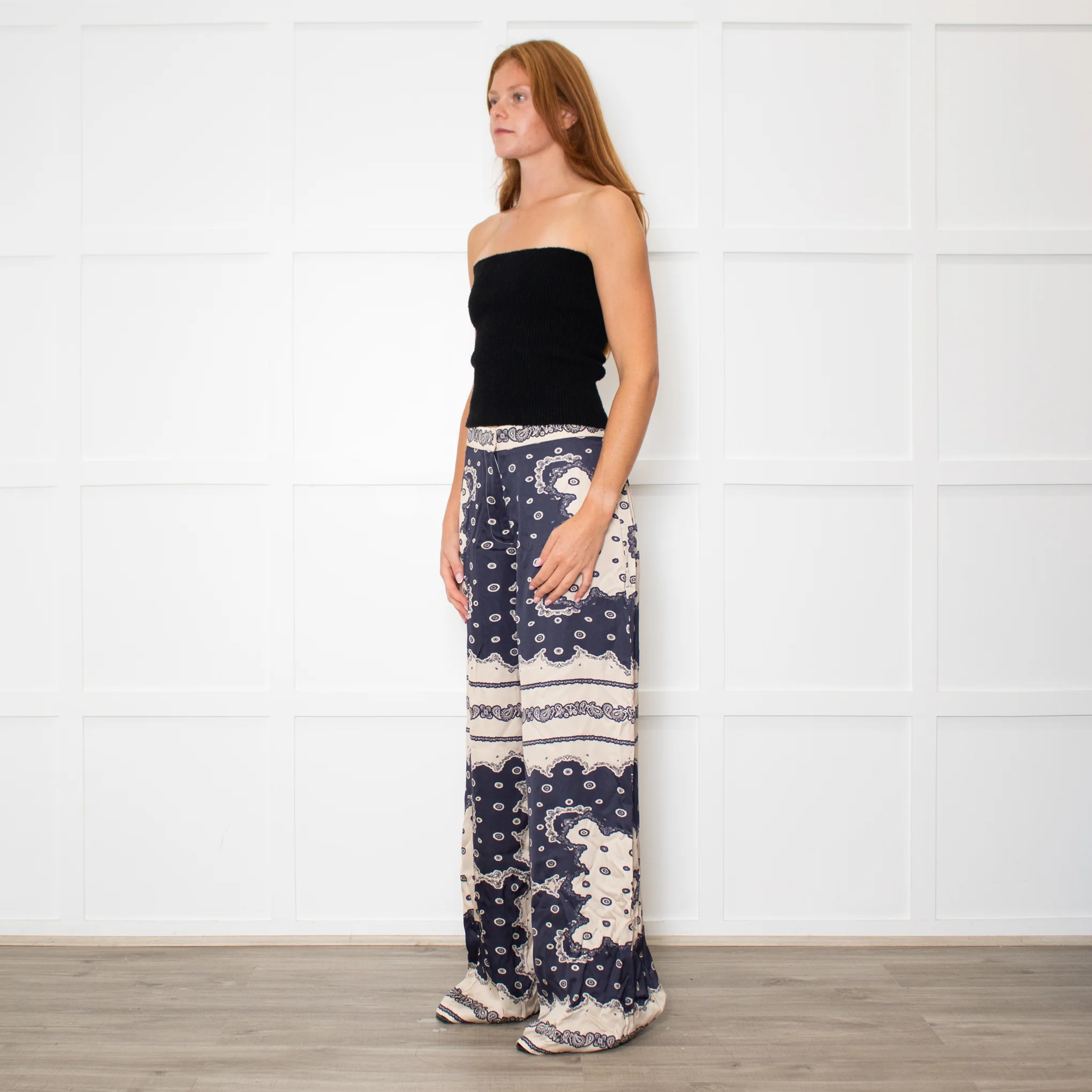 Malina Blue and Cream Bella Satin-Look Palazzo Woven Trousers - Image 3