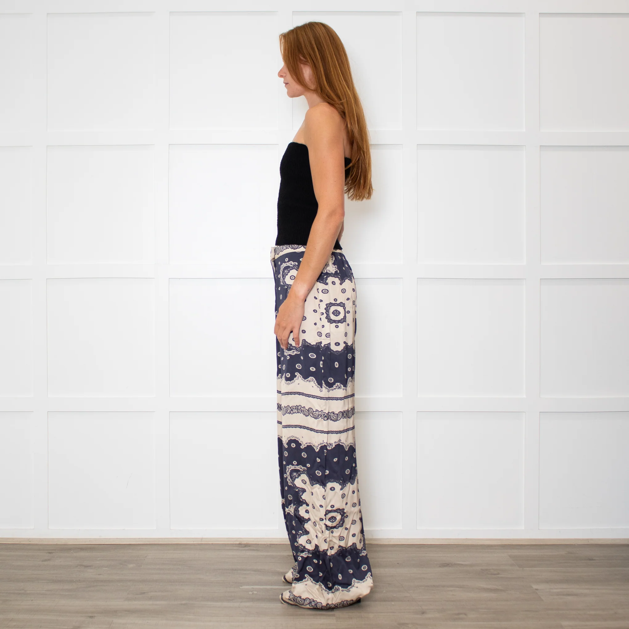 Malina Blue and Cream Bella Satin-Look Palazzo Woven Trousers - Image 4