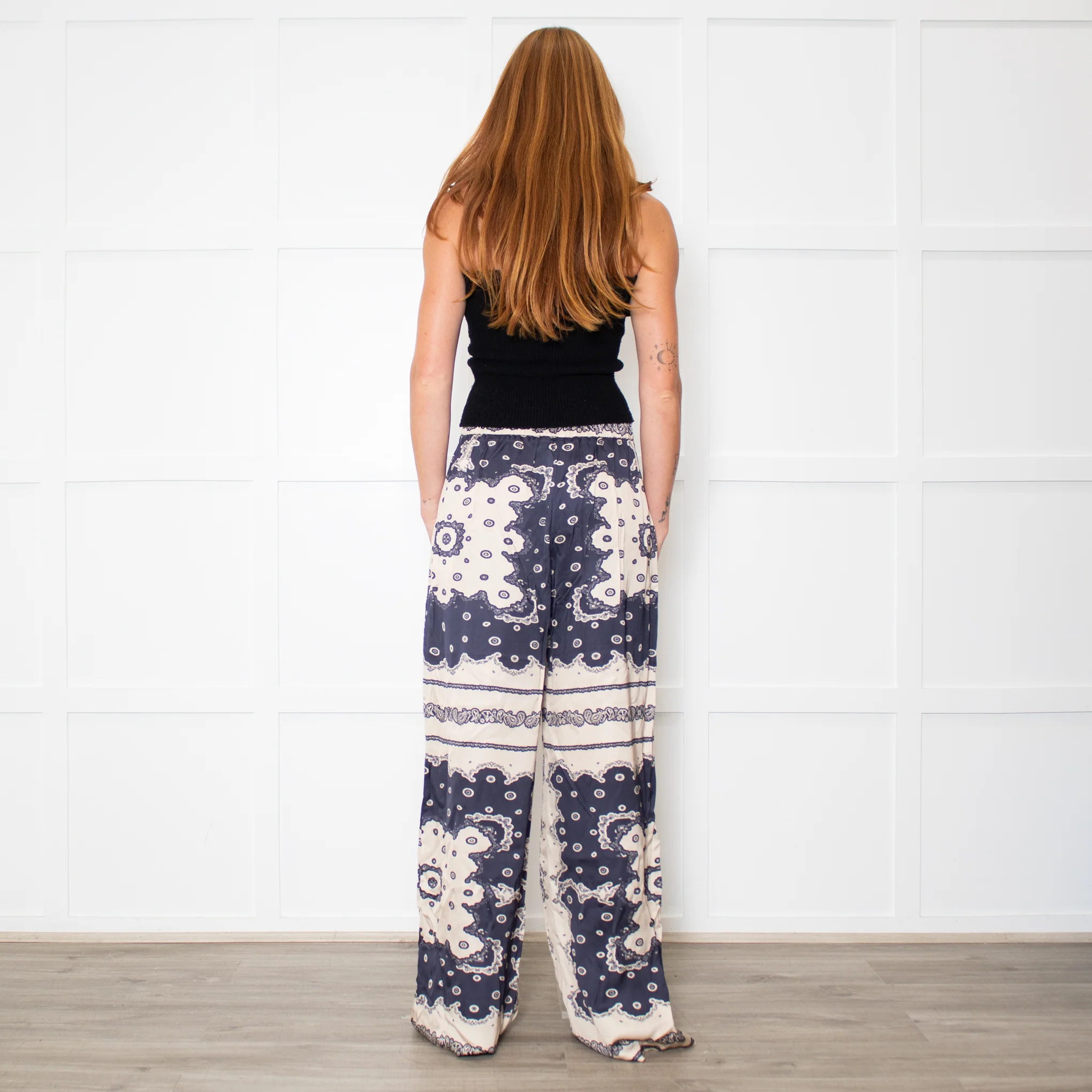 Malina Blue and Cream Bella Satin-Look Palazzo Woven Trousers - Image 5