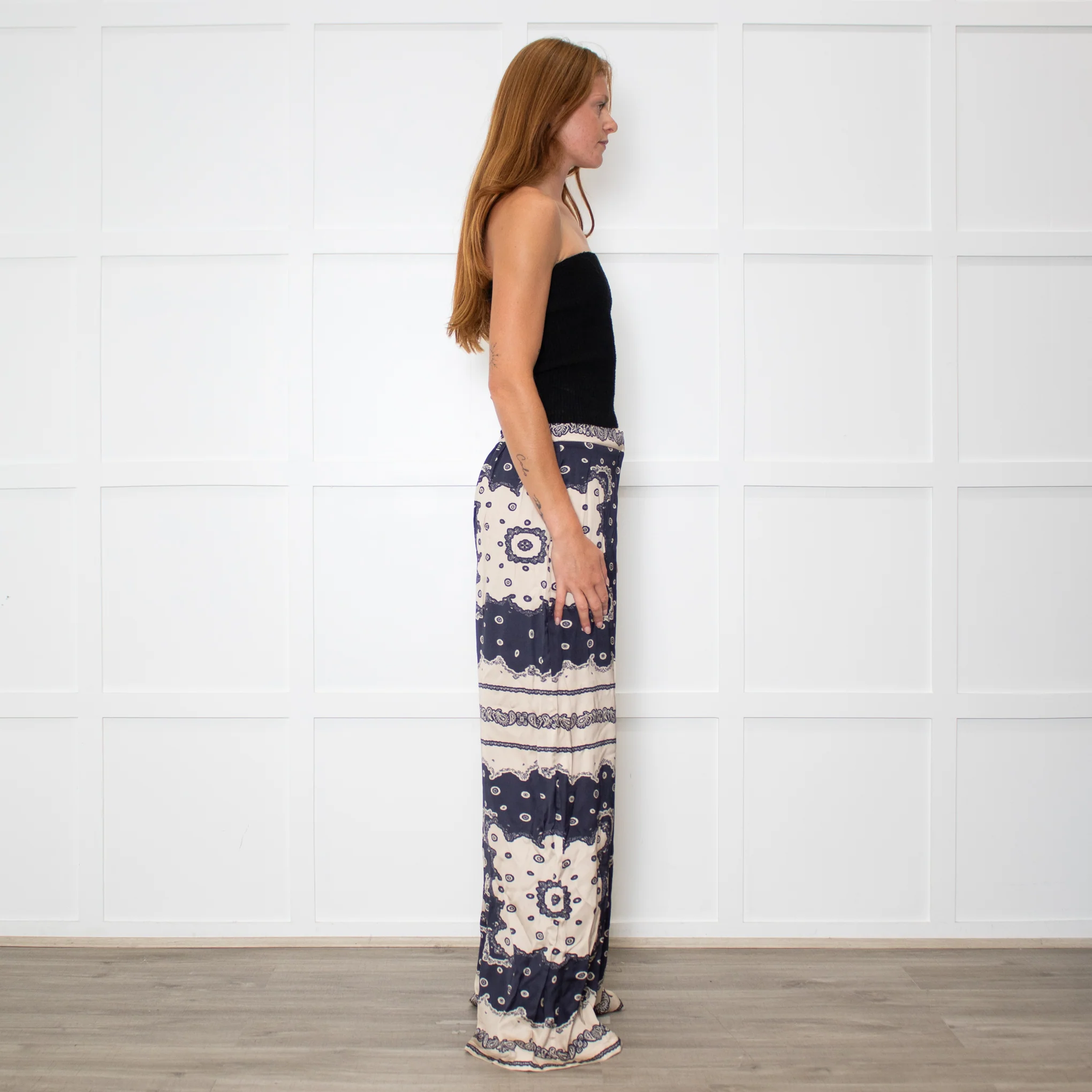 Malina Blue and Cream Bella Satin-Look Palazzo Woven Trousers - Image 6