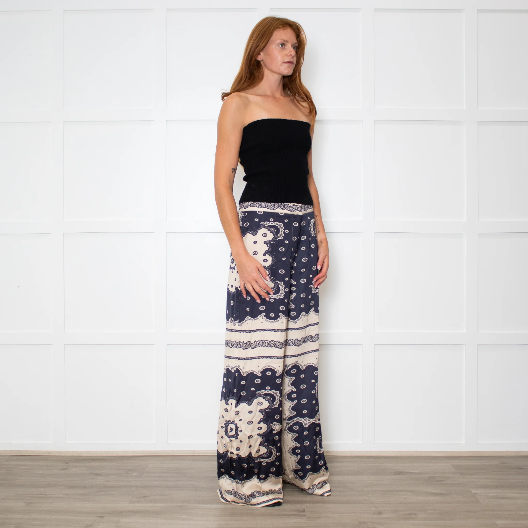 Malina Blue and Cream Bella Satin-Look Palazzo Woven Trousers - Image 7